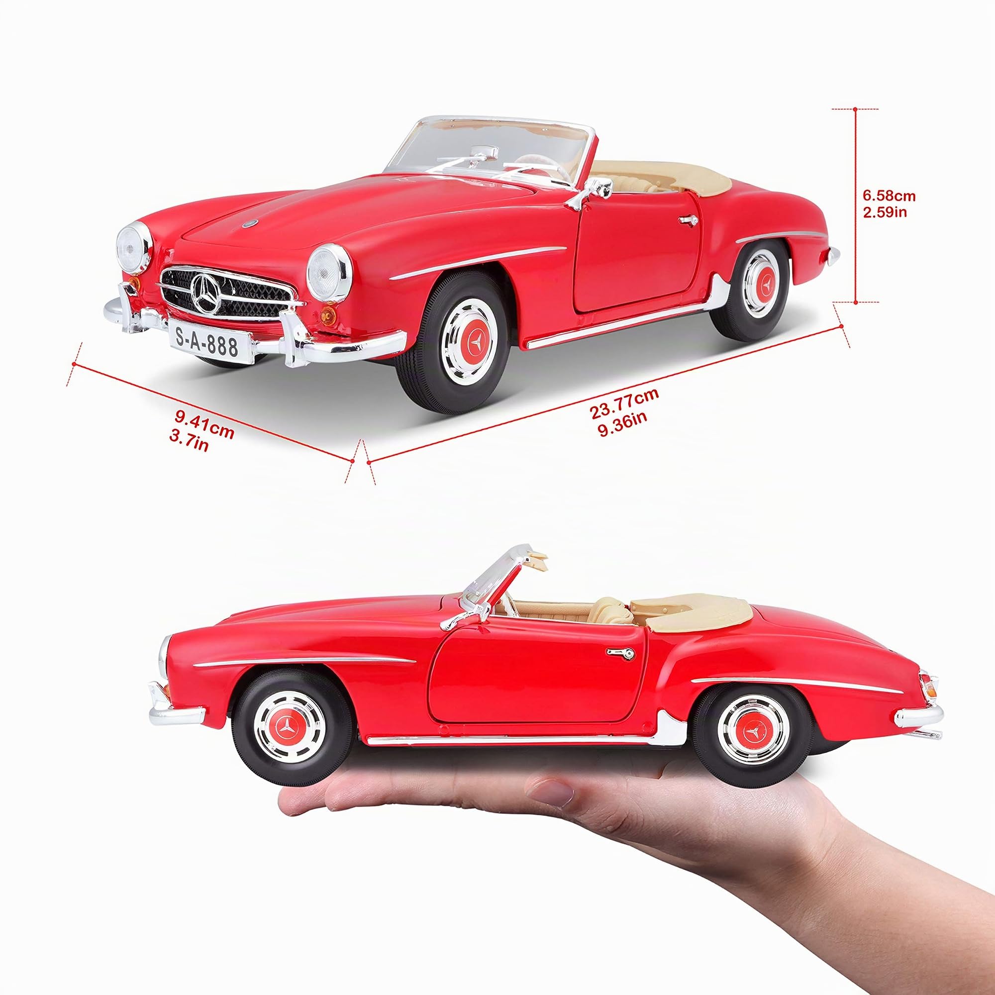 Maisto 31824-1955 Mercedes Benz 190SL Vintage Modellino, Vintage, Scala 1:18, Rosso