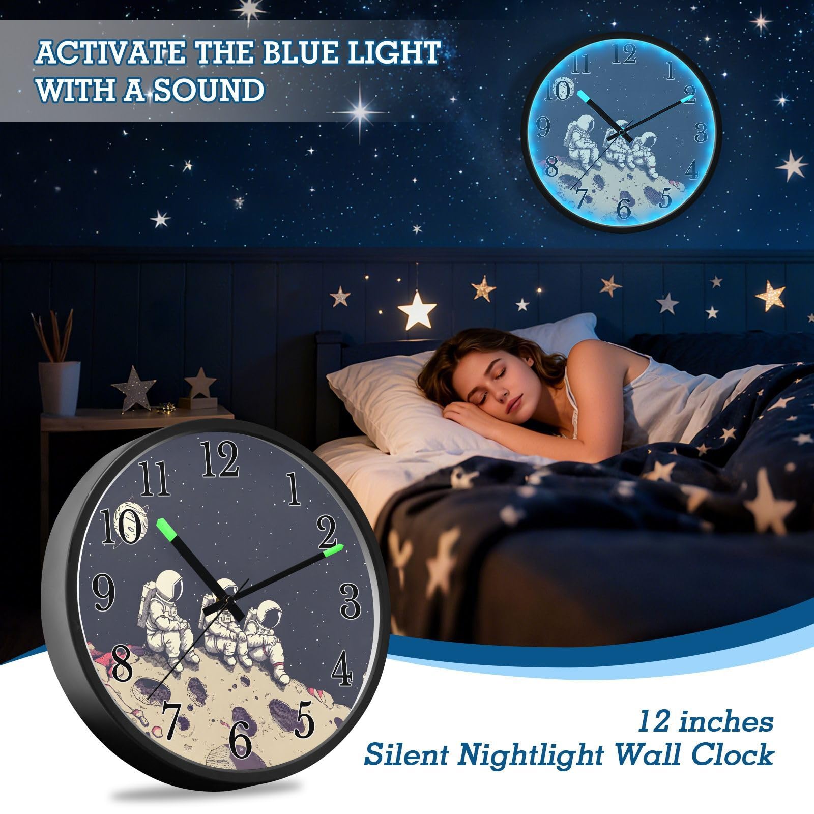 Mnsruu Reloj de pared luminoso con diseño de astronauta vintage y galaxia, funciona con pilas, silencioso, brilla en la oscuridad, para sala de estar, cocina, 12 pulgadas