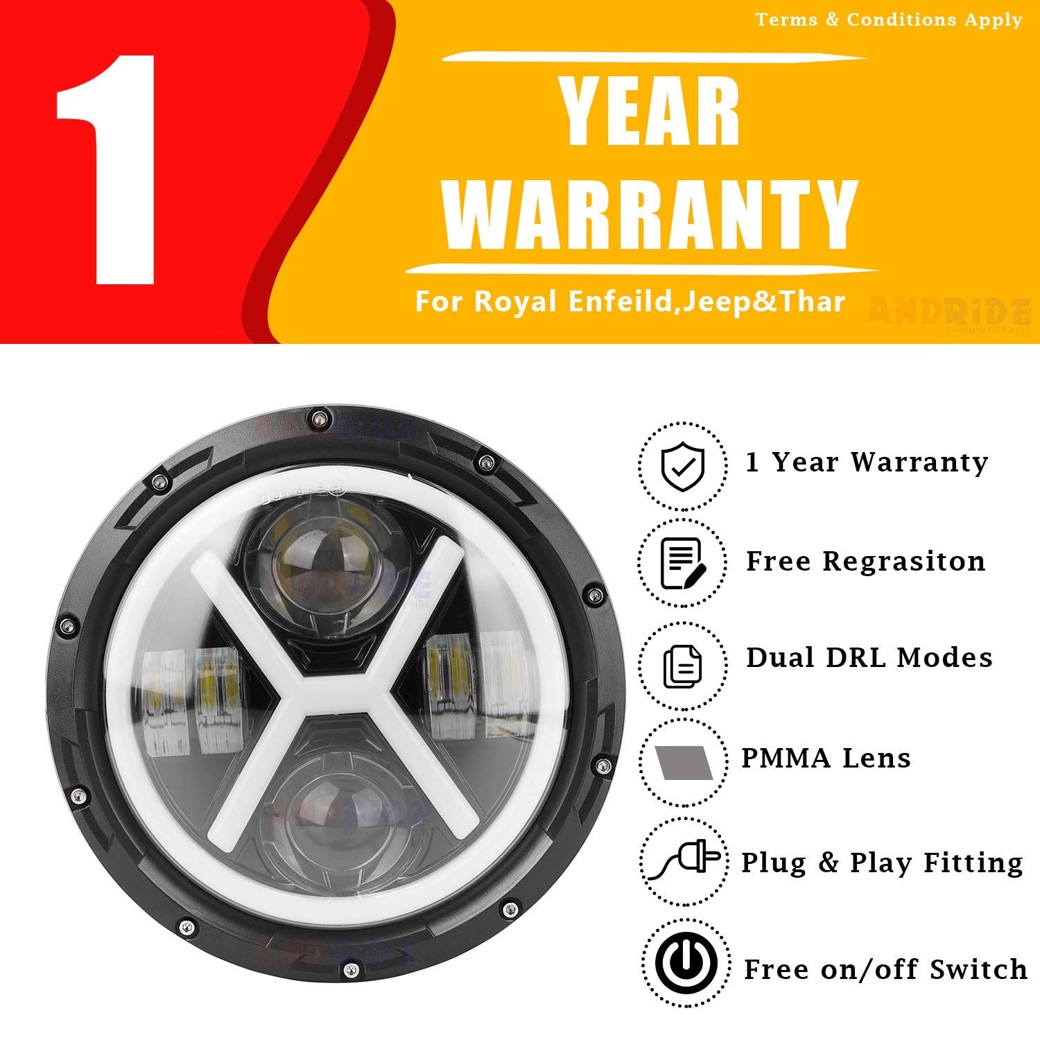 Buy Andride 7 inch LED Yellow and White Halo Angel Eye Headlights for