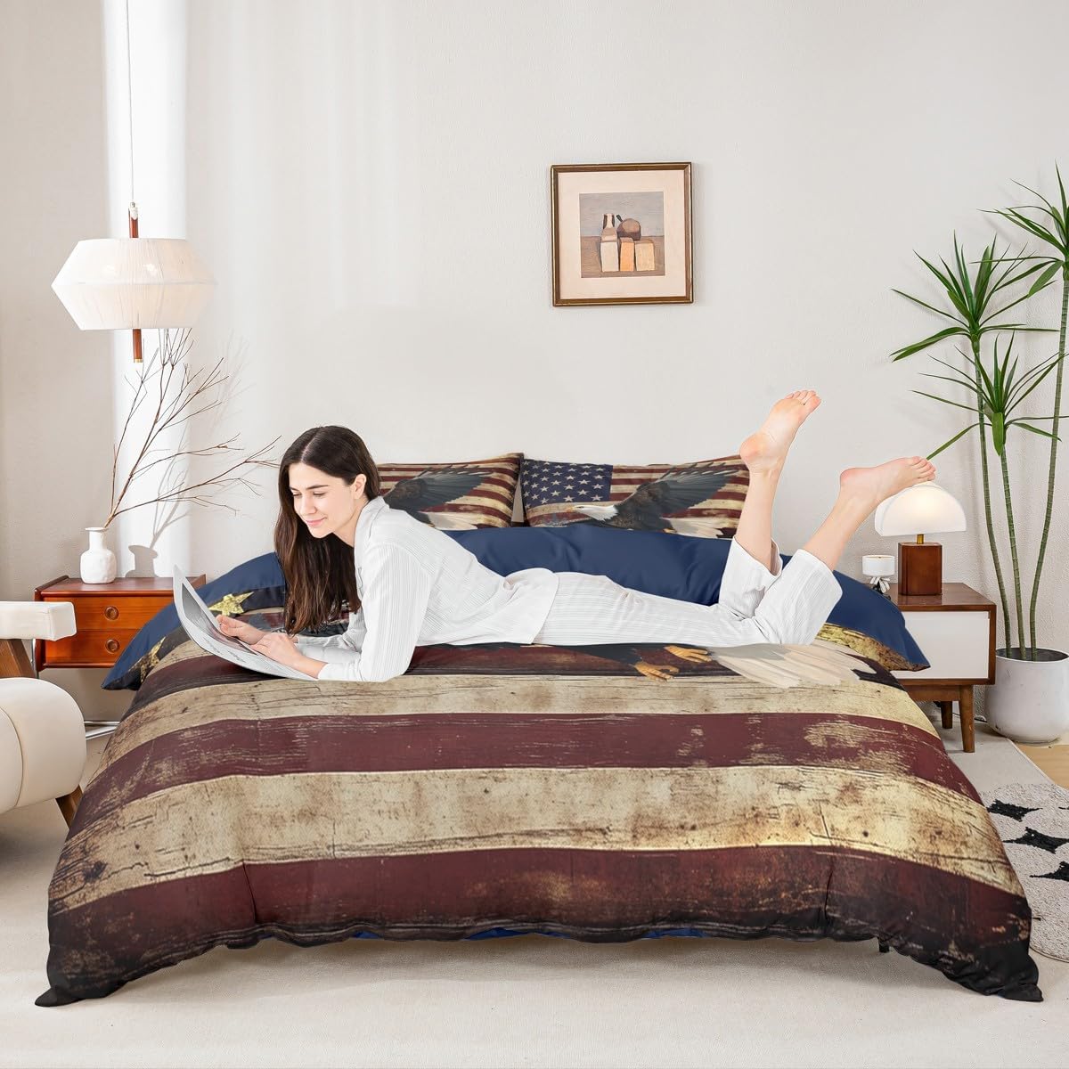 Erosebridal American Flag Duvet Cover Queen Size No Comforter, Happy Independence Day Soft Bedding Sets for Bedroom, Vintage Eagle Bed Cover for Men Women Adults, July 4th Animal Comforter Cover