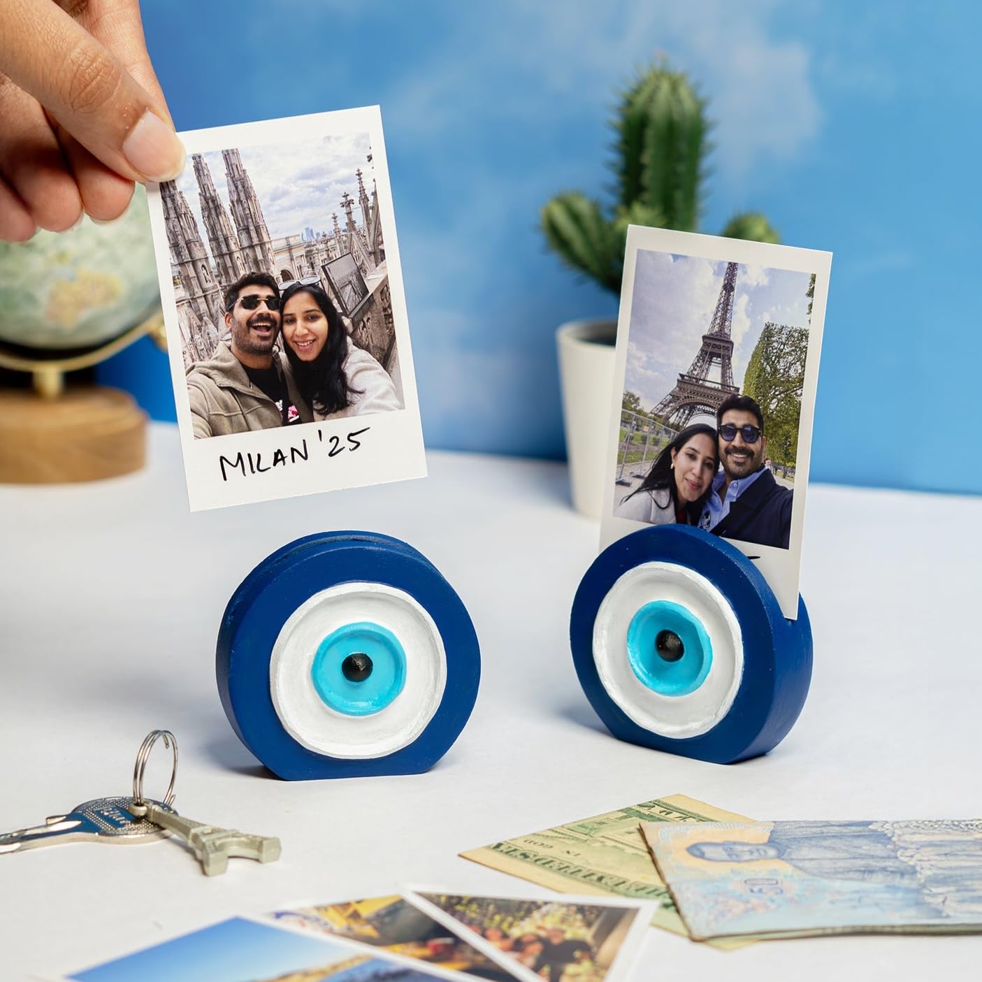 Mood Society Evil Eye Handmade Multicolour Clay Photo Holder Set of 2, Perfect for Gifting and Decorating Desks, Shelves, and Rooms 2