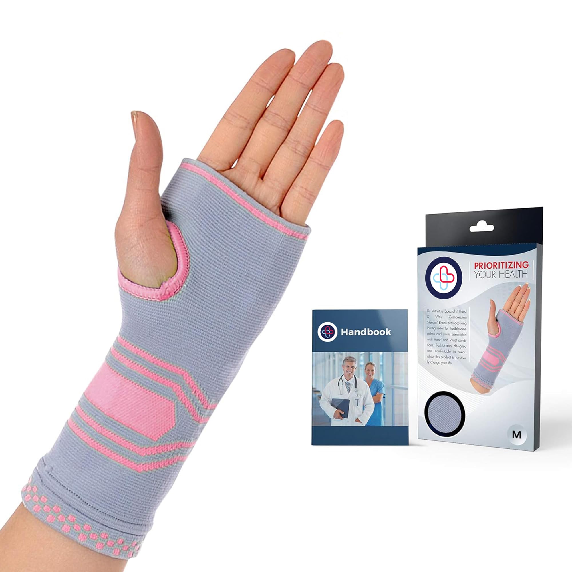Dr. Arthritis Doctor Developed Wrist & Hand Compression Sleeve/Support/Brace, Wrist Sleeve with Gel Pad, Optimum comfort for Carpal Tunnel, RSI & More Pink/Grey (M)