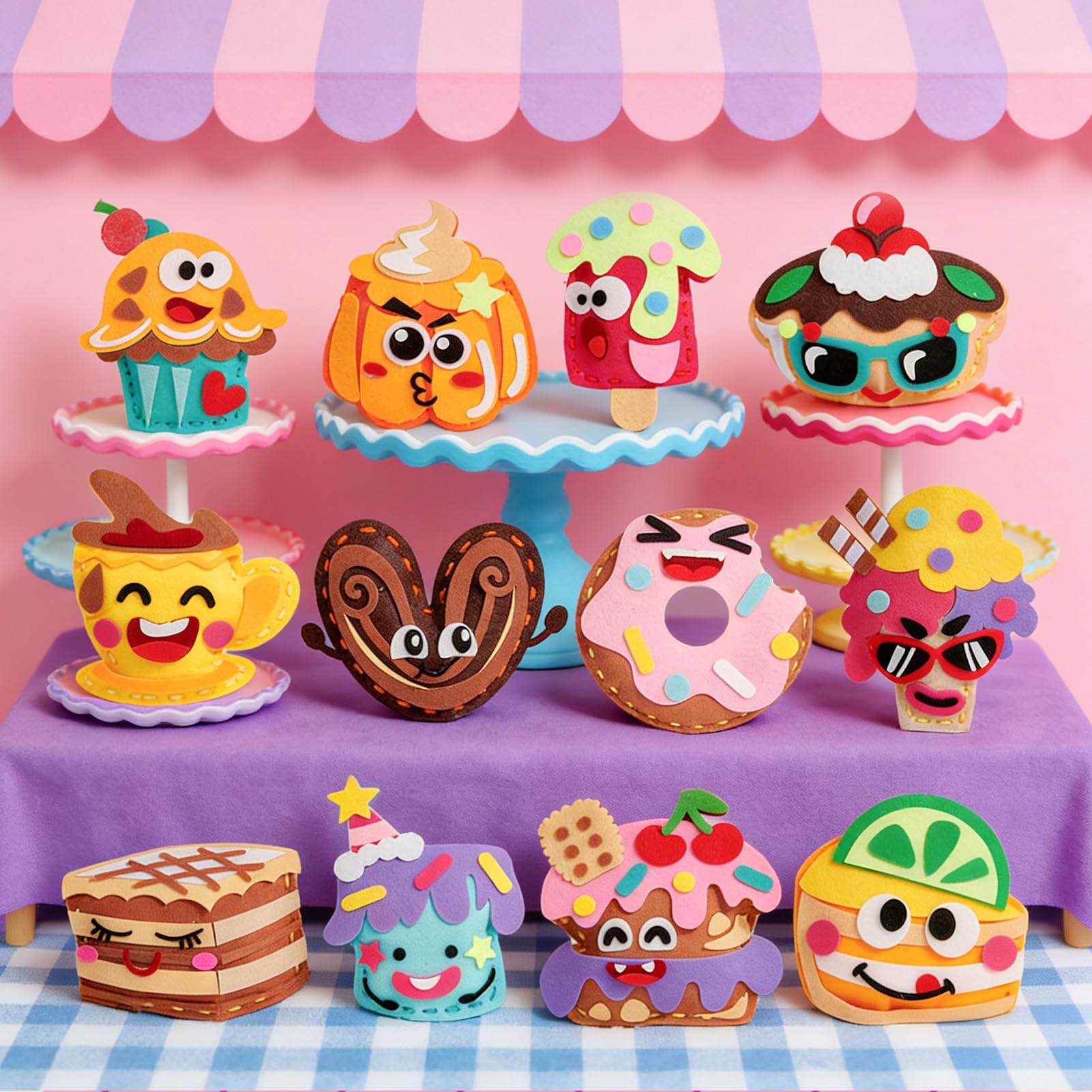 TUZT Kit Couture Enfant 12 DIY Desserts Bricolage avec Couture en Feutre & Aiguilles Plastique Loisir Créatif Jouet Cadeau pour Garçon Fille 5-10 Ans