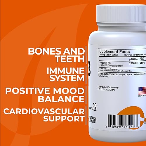 Miniatura 2 de Hallusa Natural Cápsulas blandas de vitamina D3 de 2000 UI para defensa inmunológica diaria, apoyo para huesos y dientes, absorción de calcio,