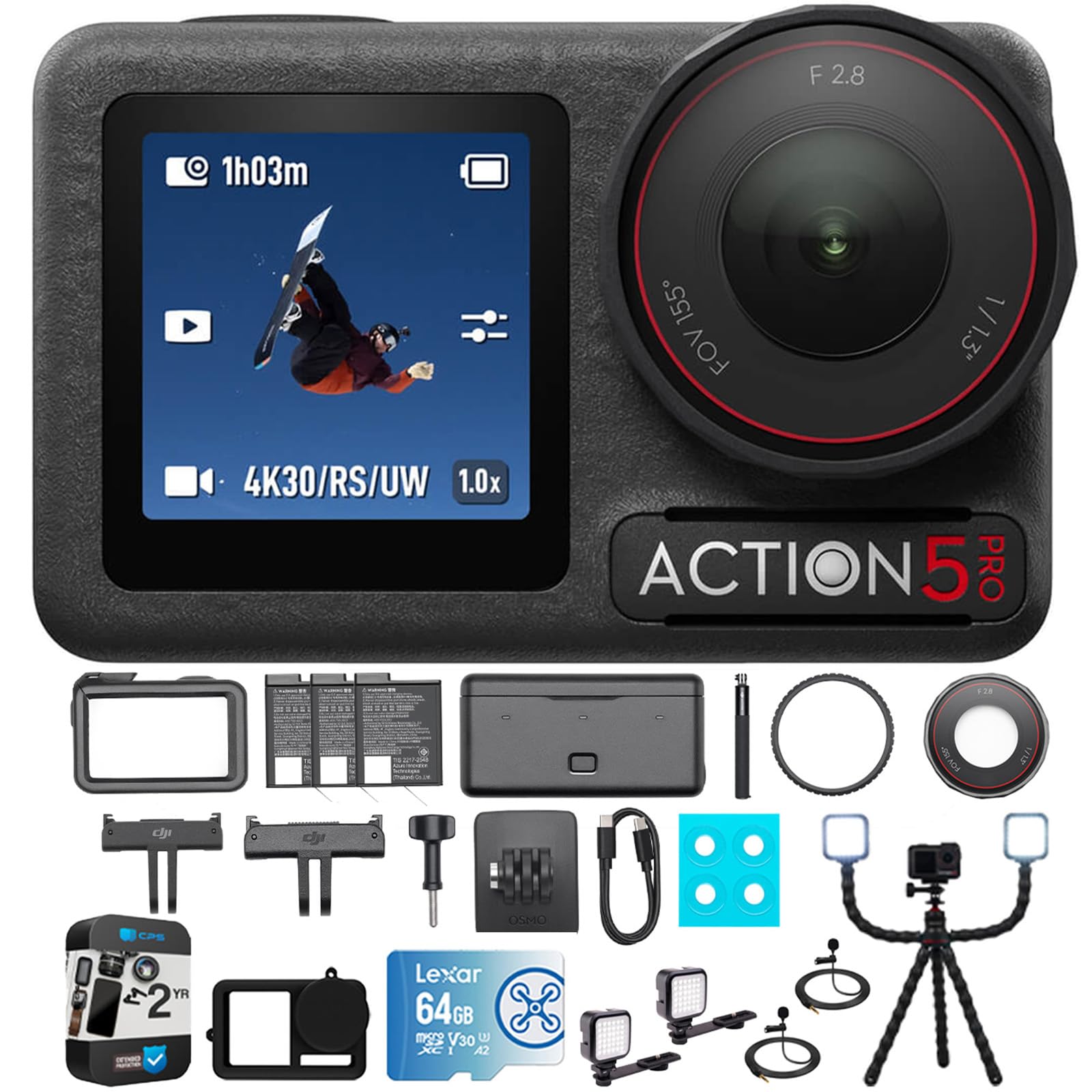 DJI Osmo Action 5 Pro Adventure Combo, 4K Video Bundle with Vlogging Tripod, 64GB Card, Silicone Protective Case, 2X LED Light, 2X Clip-On Mini Lapel