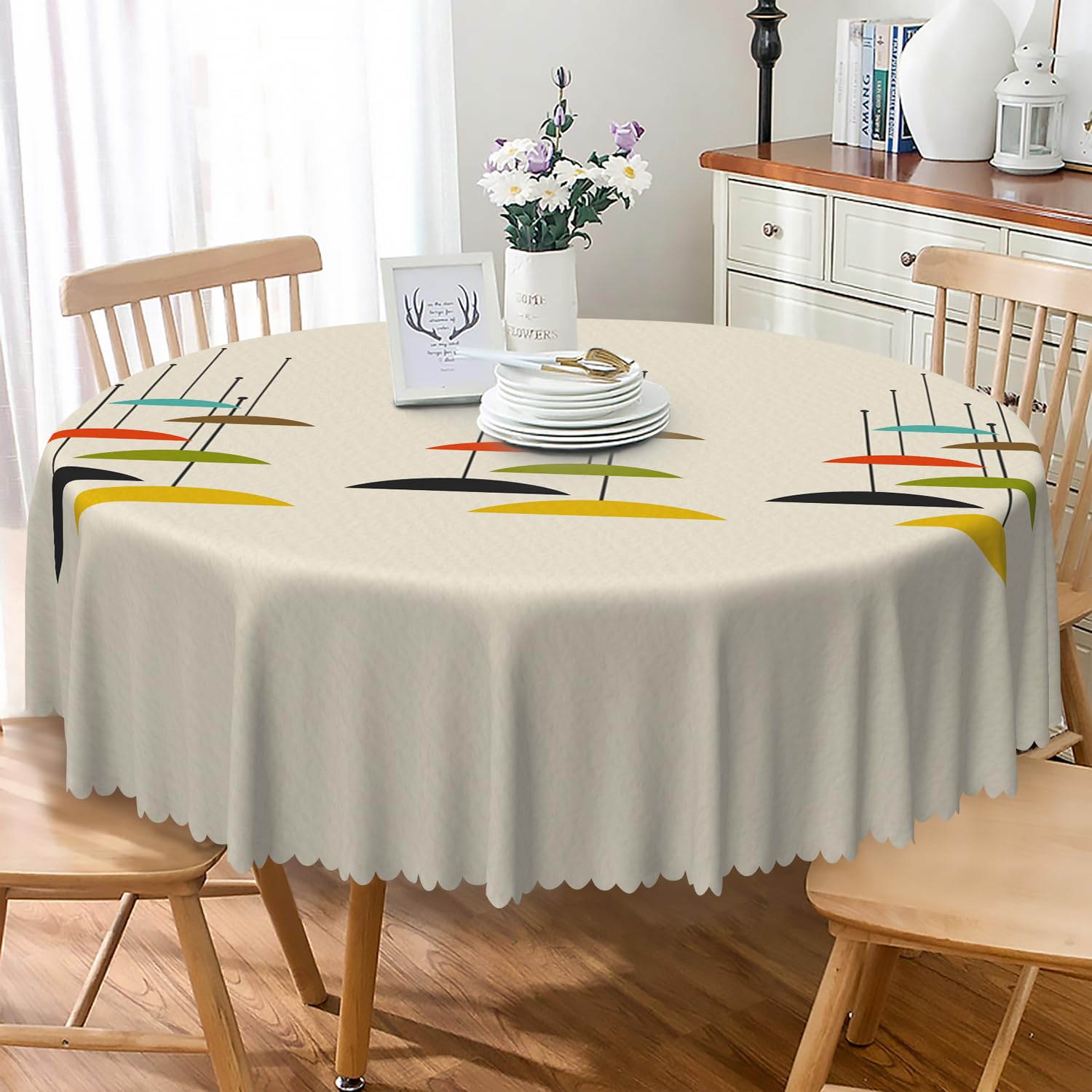 TTQYFNM Mid Century Round Tablecloth 48 Inch Modern Geometric Abstract Art Circular Table Cloth Waterproof and Stain Resistant Fabric Table Cover for