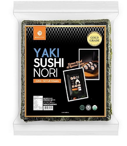 Yaki orgánico sushi nori(NuEats), 50 hoja completa, grado oro, algas asadas, resellable, producto de Corea del Sur, USDA orgánico, Kosher, calidad