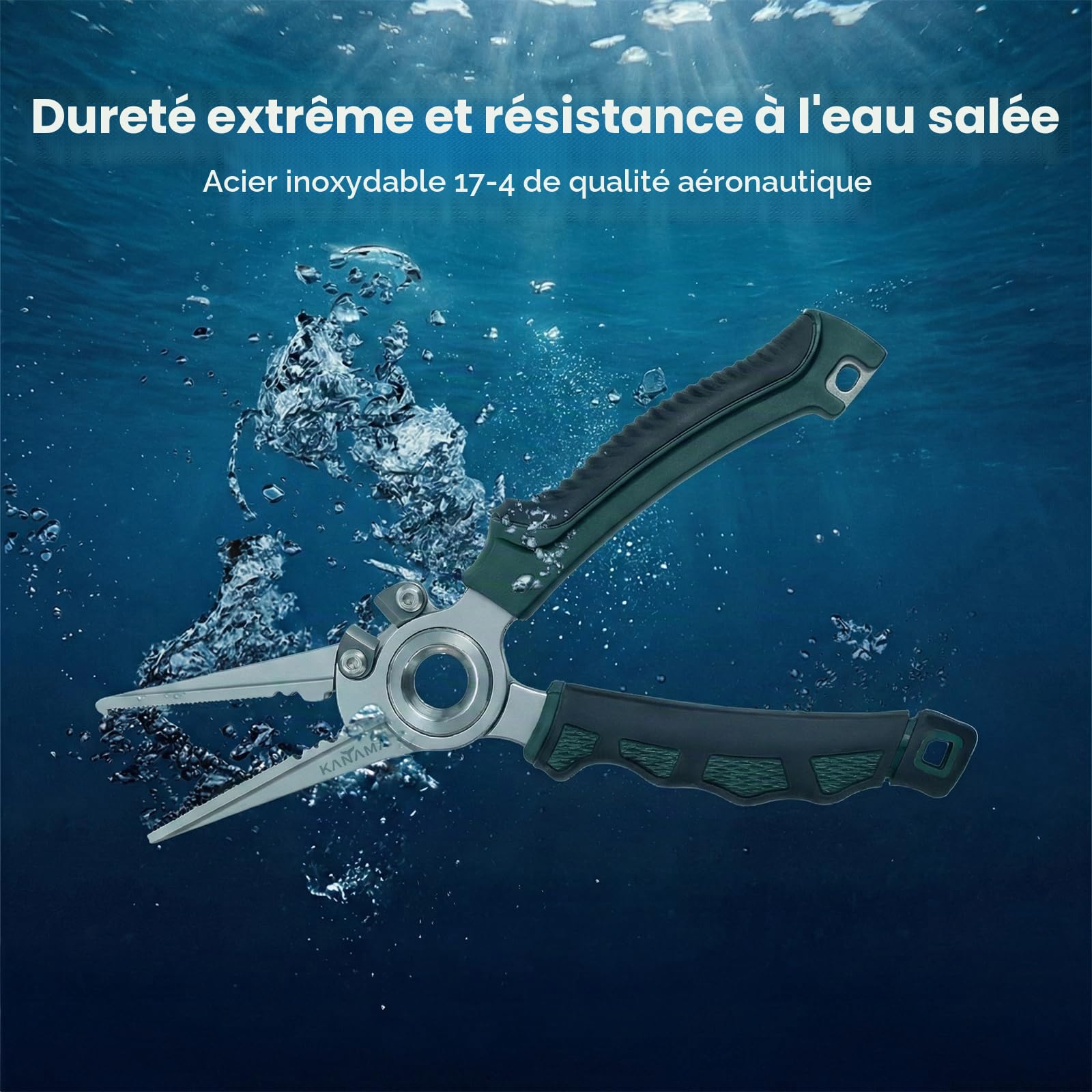 KANAMA Pince de Pêche en Acier Inoxydable 17-4, Pince Pêche en Mer Antirouille 19 cm avec Ouvre-Anneau Brisé, Dégorgeoir et Coupe-Tresse en Carbure de Tungstène, Idée Cadeau Pêche Homme