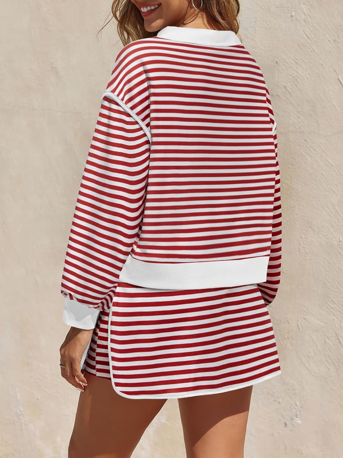 Womens Striped 2 Piece Outfits Long Sleeve Sweatshirt Button V Neck Sweatsuits High Waist Shorts Lounge Sets - Image 5