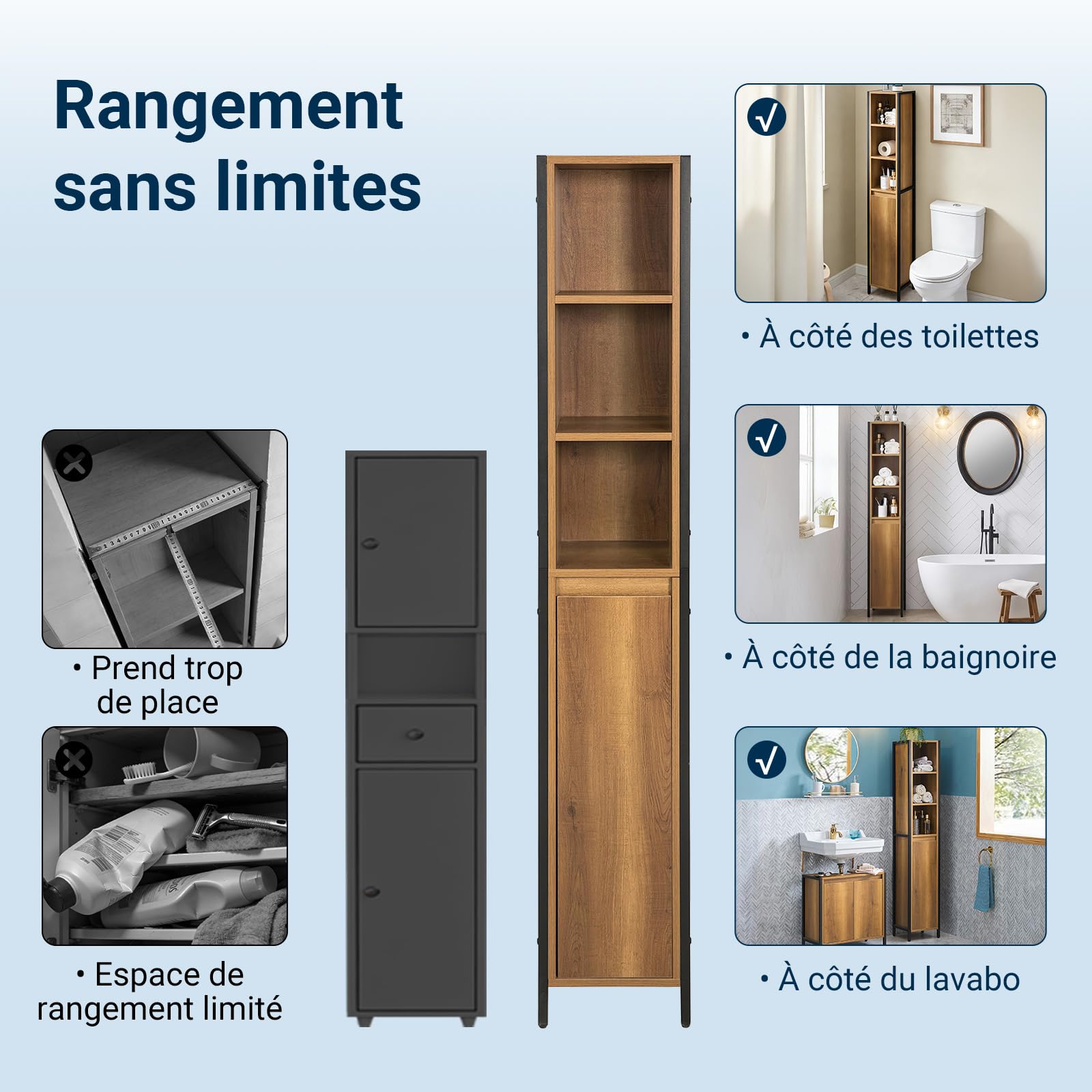 SoBuy Colonne Salle de Bain Vintage 30x168x28 cm – Meuble Colonne Étroit avec 3 Compartiments Ouverts et 1 Porte – Armoire de Rangement pour WC ou Salle de Bain, Style Industriel BZR62-PF