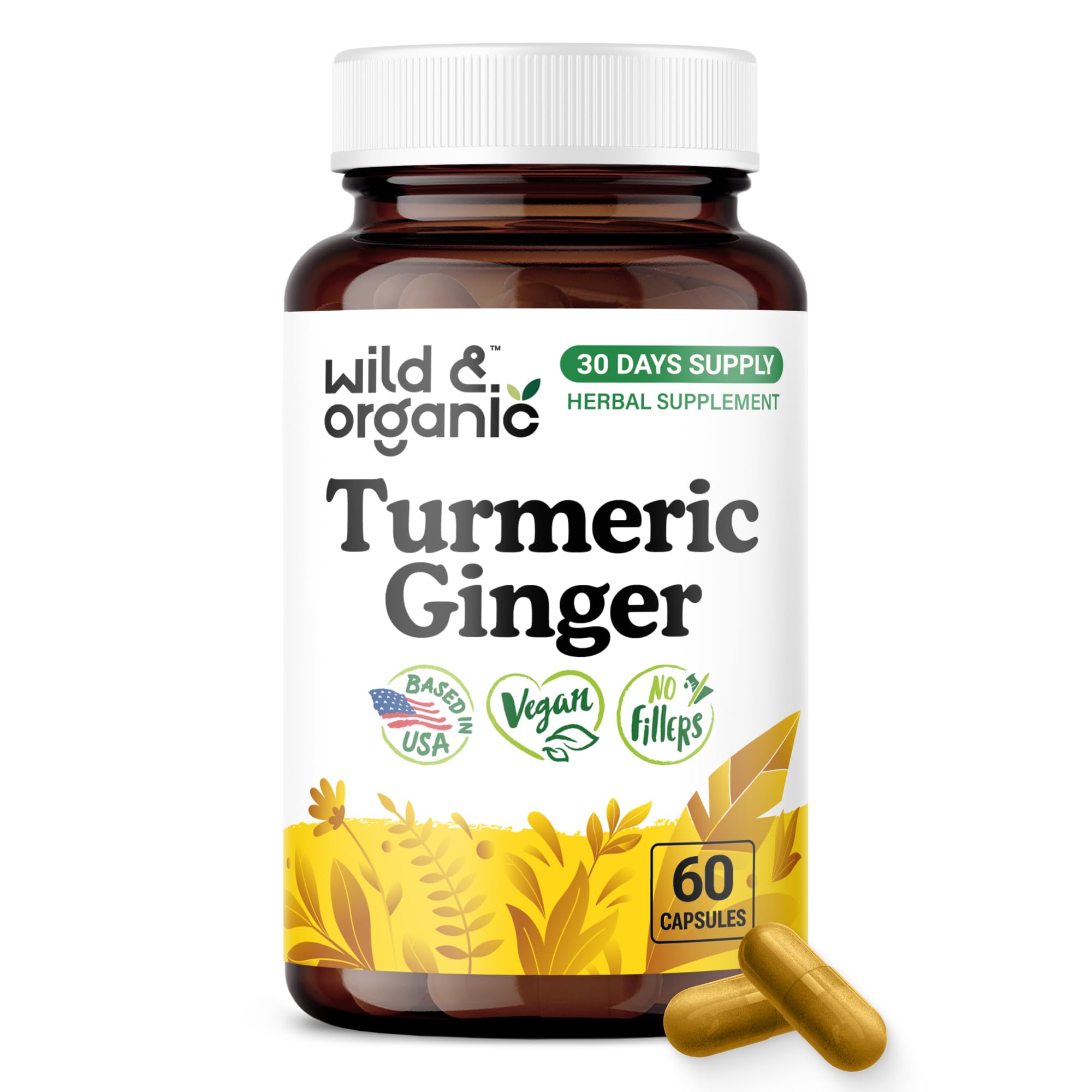 Wild & Organic Turmeric and Ginger Capsules - Mobility Support - 60 Count 60 Count (Pack of 1)