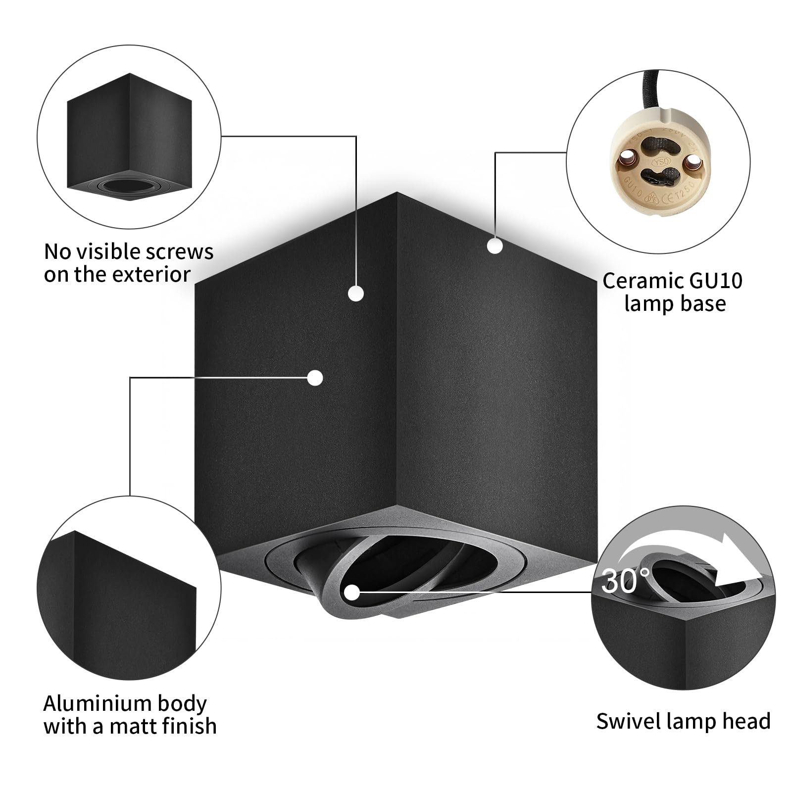 GeyouLux GU10 Aufbauspot Schwarz 80x84mm Eckig 30° Schwenkbar 230V Aluminium 4 Stück