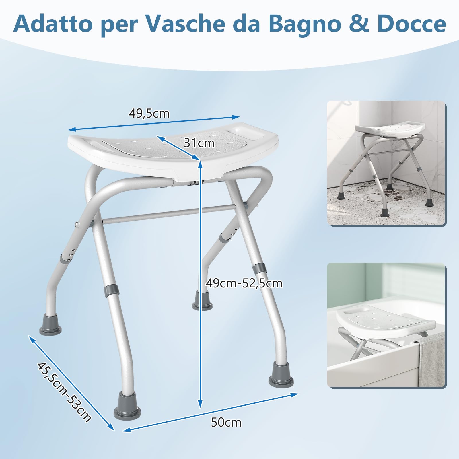 COSTWAY Sgabello per Doccia, Sedia per Doccia Pieghevole e Regolabile in Altezza a 3 Livelli con Maniglie, Leggero, per Anziani e Persone a Mobilità Ridotta, Portata 150 kg (Bianco)