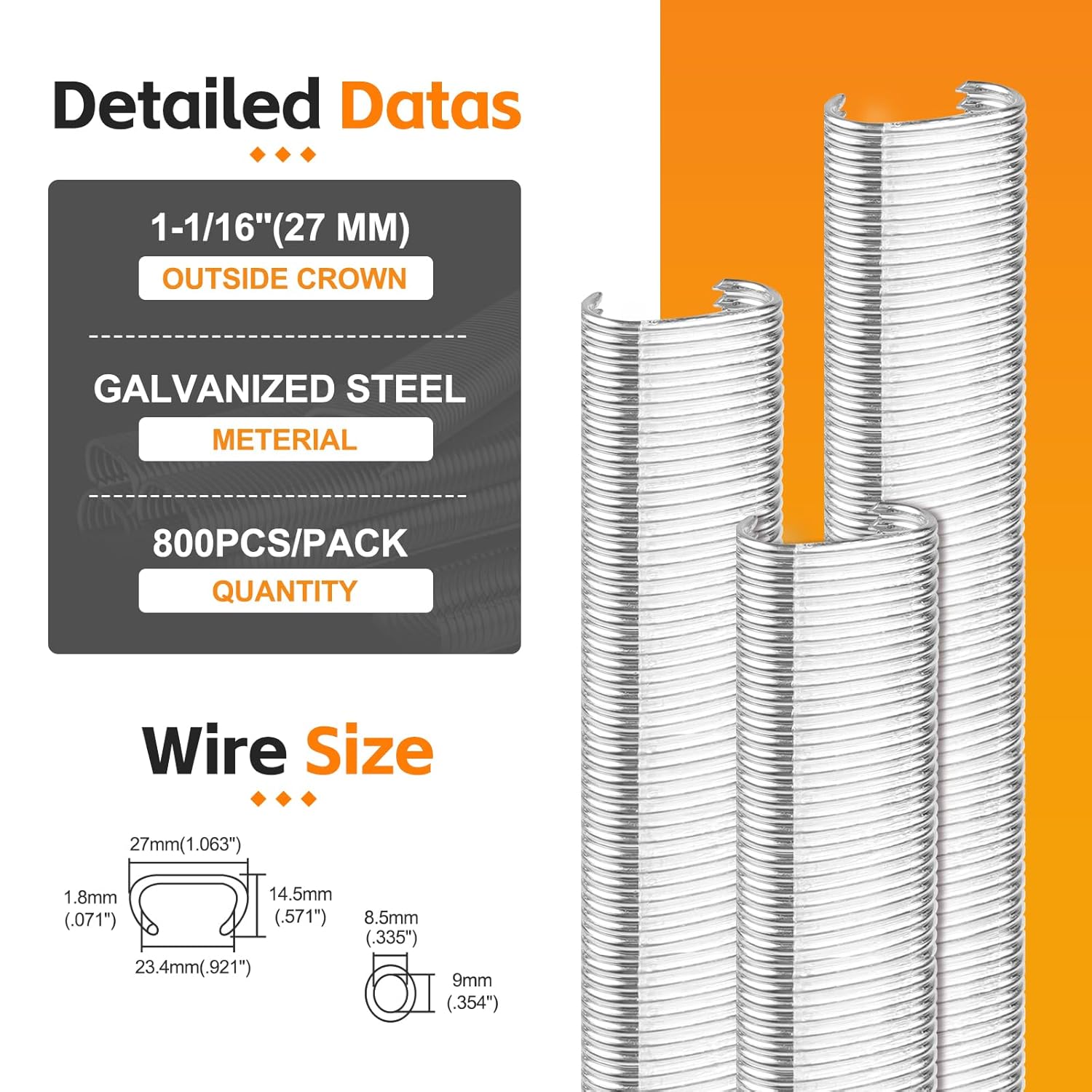 KIMSING C27 Hog Ring Staples 1-1/16'' (27 mm) Outside Crown 15/16'' (23.4 mm) Inner Crown C Rings for C7 Hog Ring Gun (800 PCS/Pack)