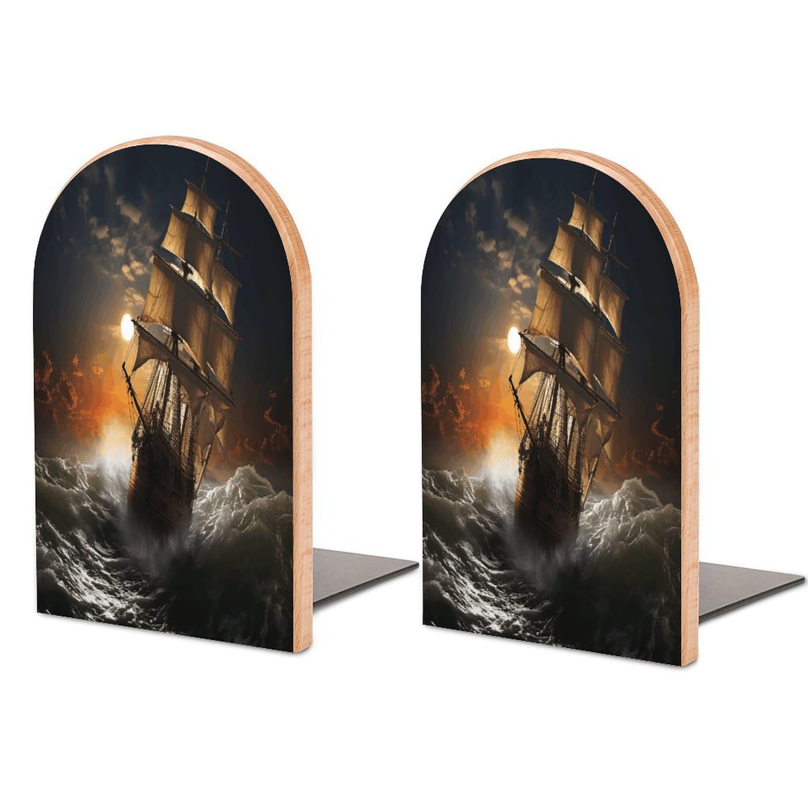 Sailing Ship in Storm Bookend Wood Book End for Shelves Heavy Duty Non-Slip Wooden Bookend Support Universal Economy Bookends Fancy Modern Decorative Book Accessories 1 Pairs