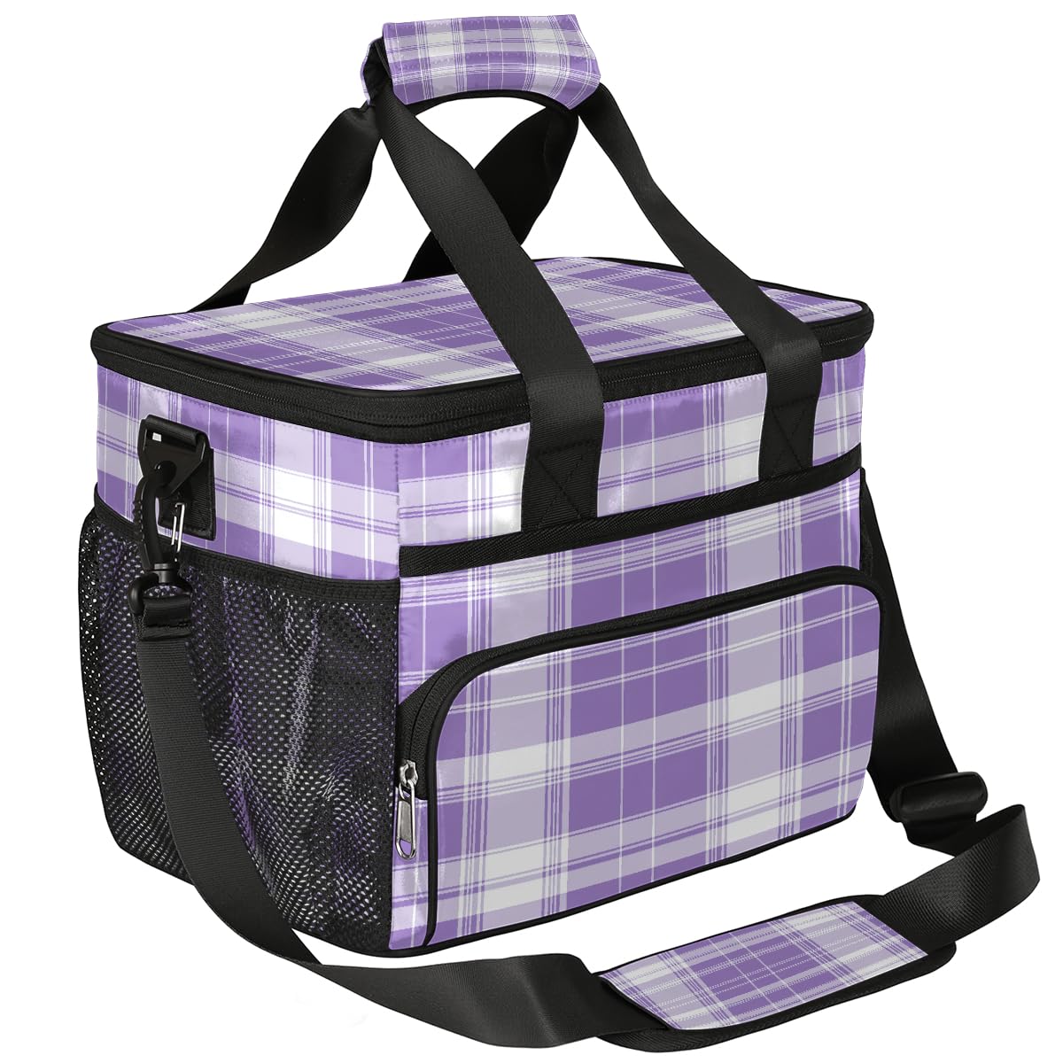 Mexpekil Large Cooler Bag Purple Lilac Tartan Pattern Plaid 15L Insulated Lunch Bag Leakproof Soft Beach Cooler Tote with Strap for Picnic Camping Travel Fishing Hiking