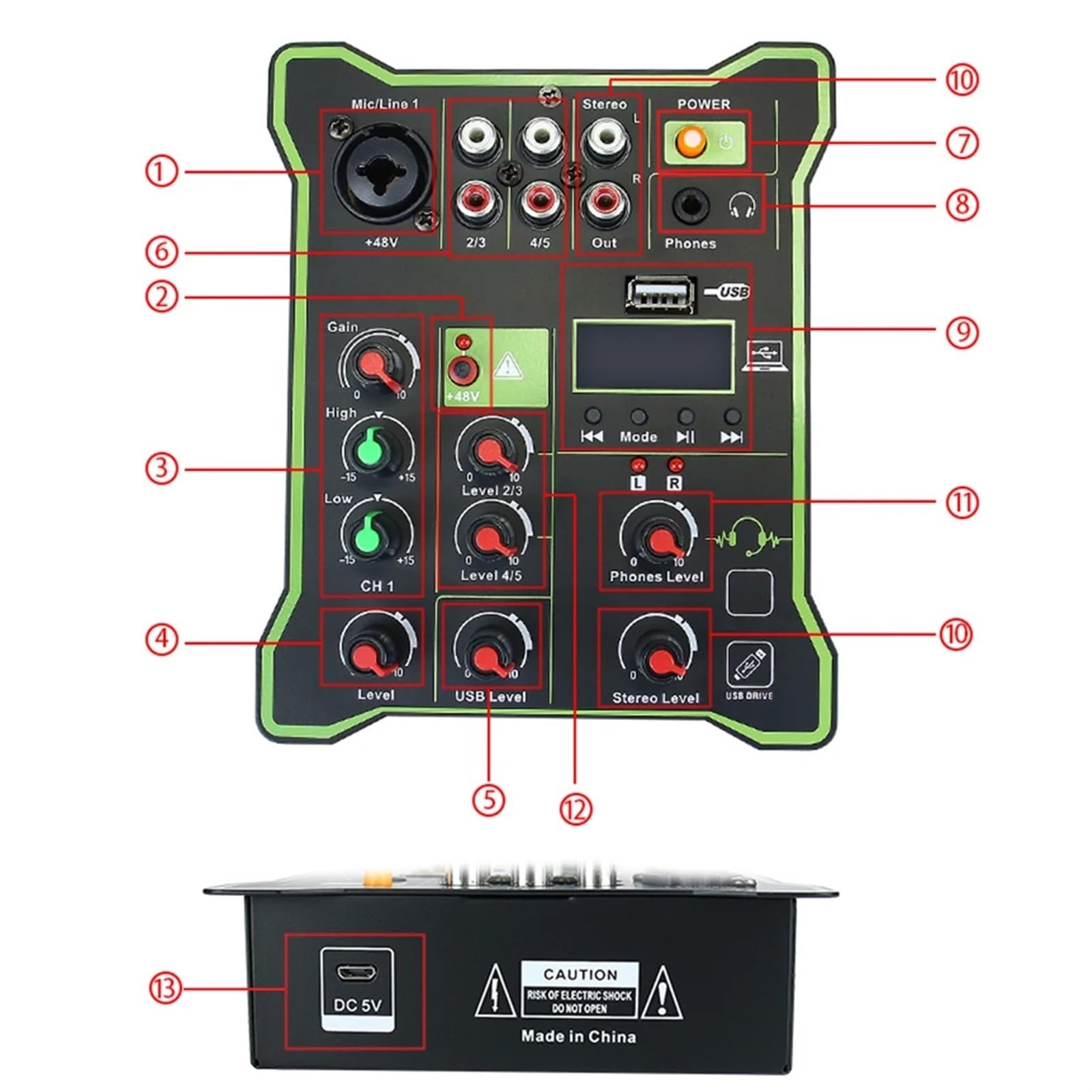 Mini Mixer a 5 canali DSP USB compatibile con Riproduzione Registrazione Console di missaggio portatile multifunzionale for DJ Artisti e Band