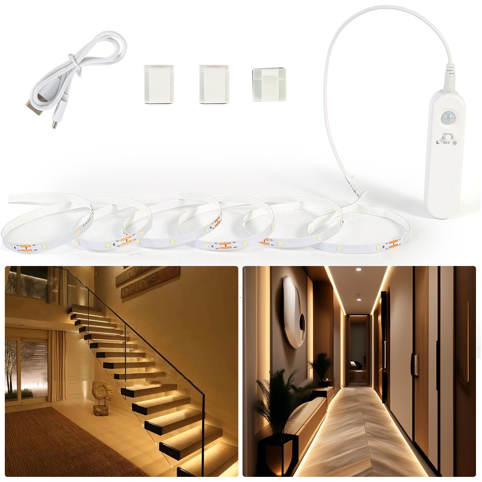 Hoobabuy Led Strip mit Bewegungsmelder und Lichtsensor, Wiederaufladbar Batterie, Led Band Wiederaufladbare Kleiderschrank Beleuchtung, für Treppen, Babyzimmer, Küche, 2M, Warmweiß 2700K