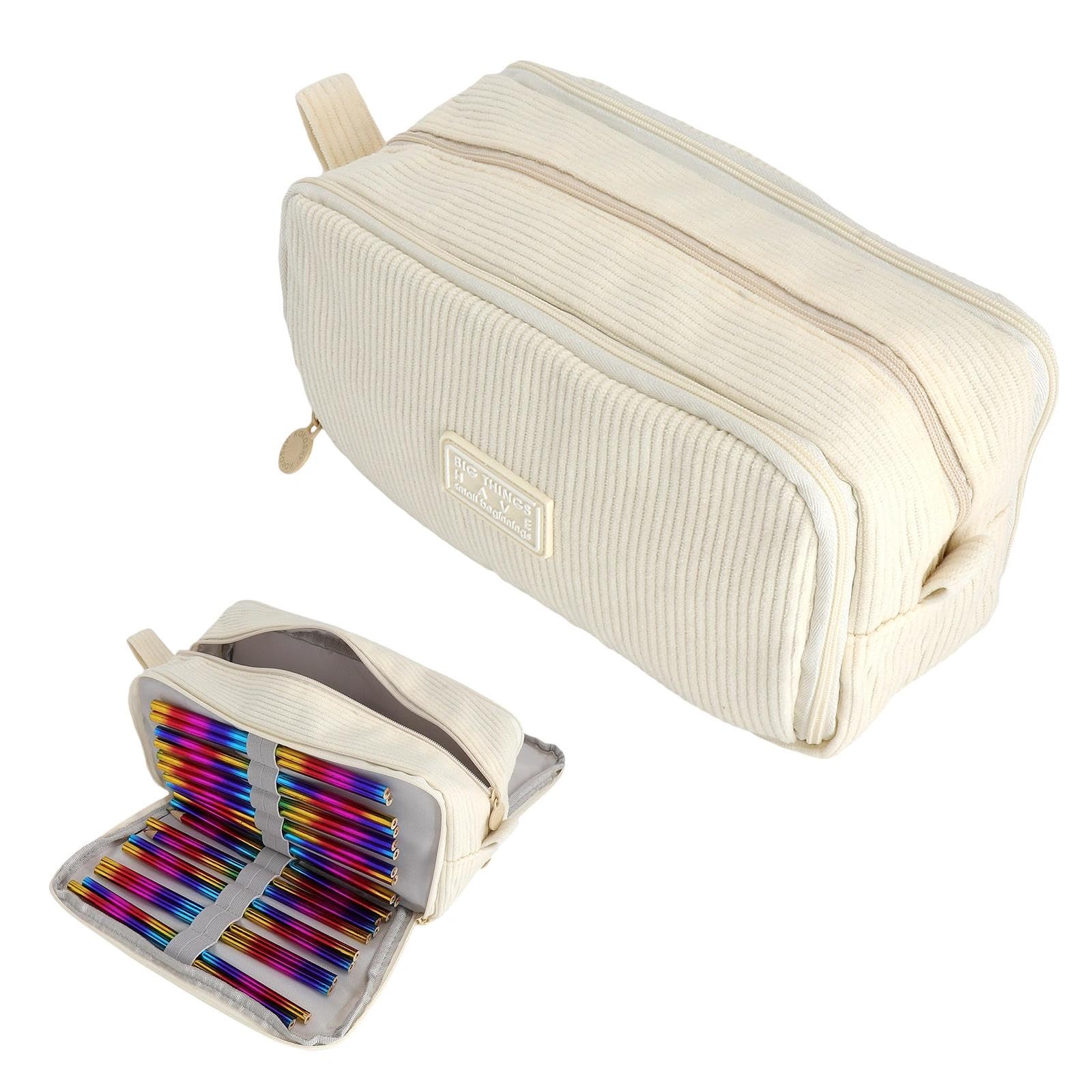 JYYWTSI Estuche Escolar de Pana con 3 Compartimentos, Gran Capacidad, Estuche Beige con asa Lateral para bolígrafos, subrayadores y Accesorios, Ideal para Colegio, Instituto, Estudio y Oficina