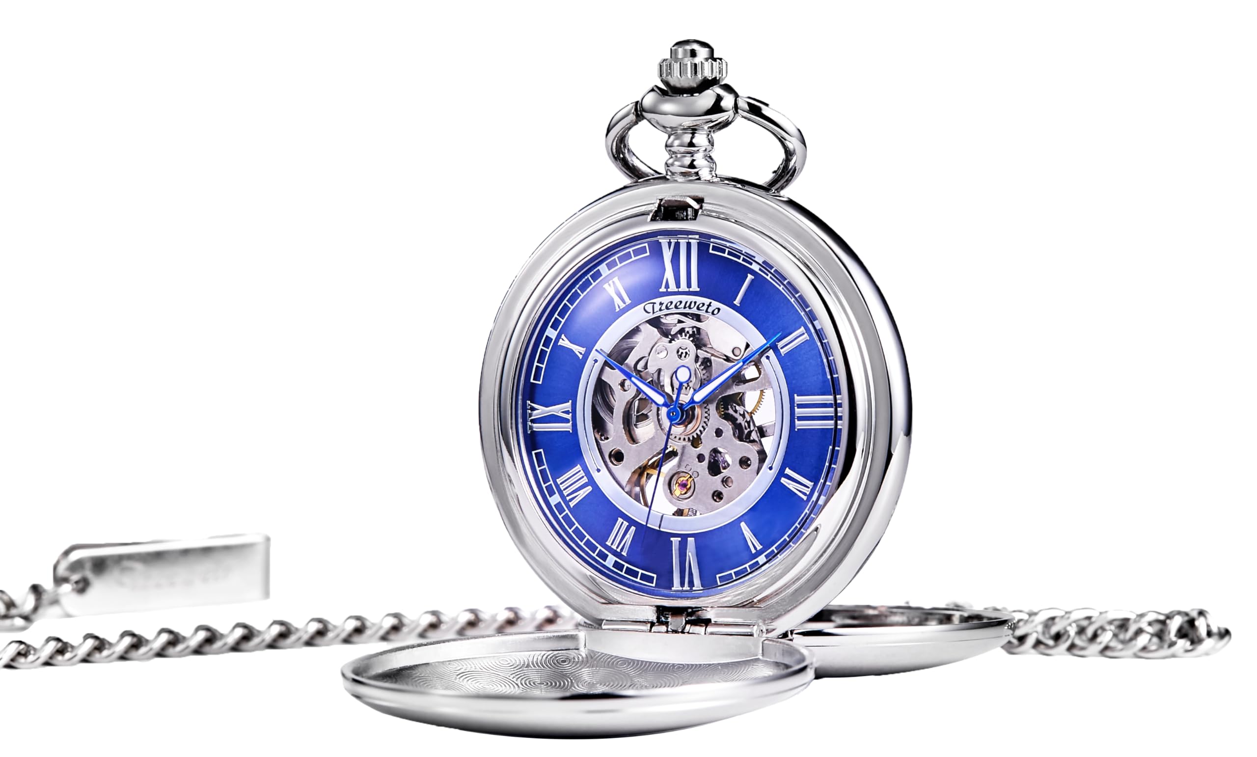 TREEWETO Pocket Watch - Smooth Double Case Series Skeleton Dial Delicate Mechanical Movement with Chain, Gold/Silver