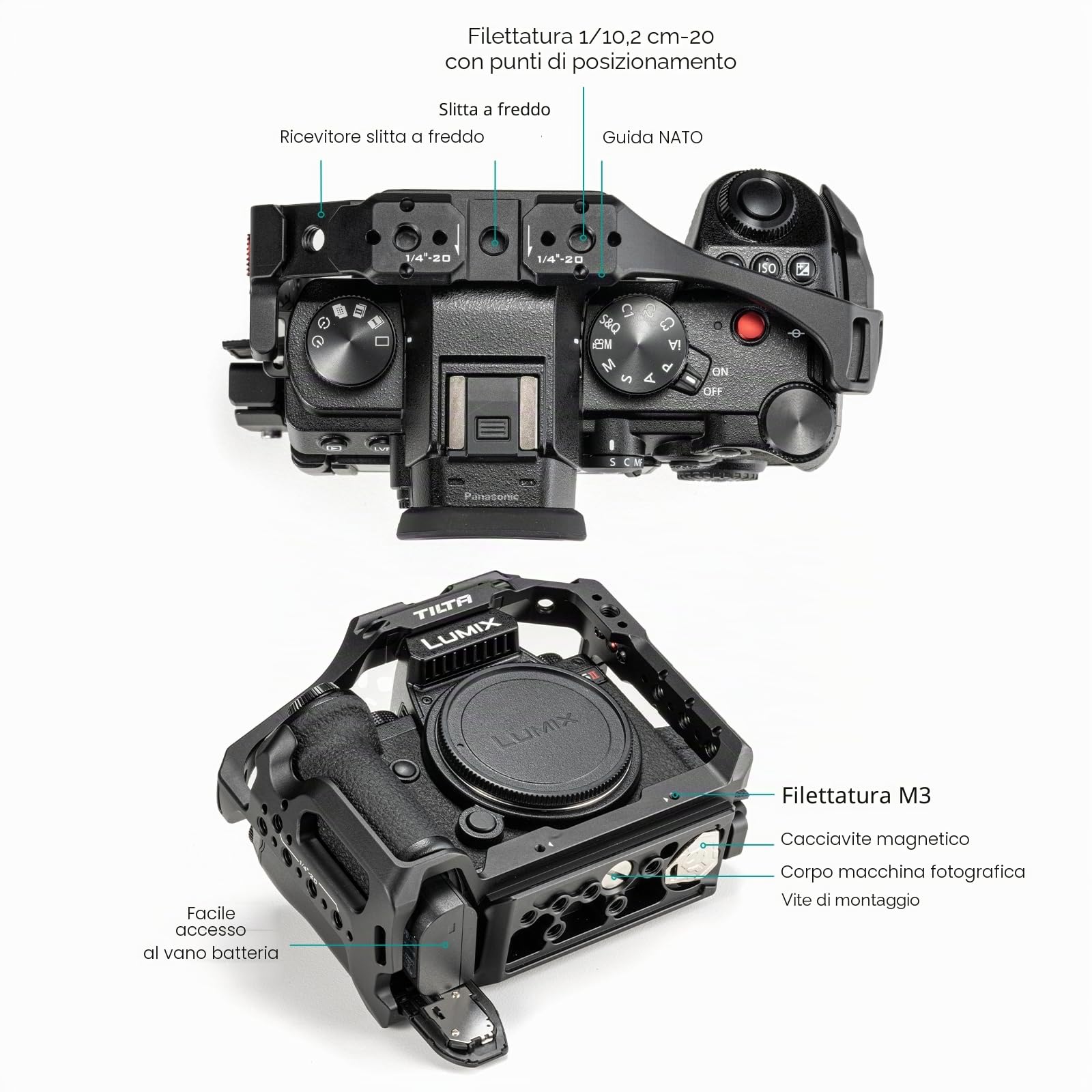 Tilta Gabbia completa per fotocamera Lumix S5 II/S5 IIX/G9 II con morsetto per cavo HDMI USB-C - Nero TA-T50-FCC-B