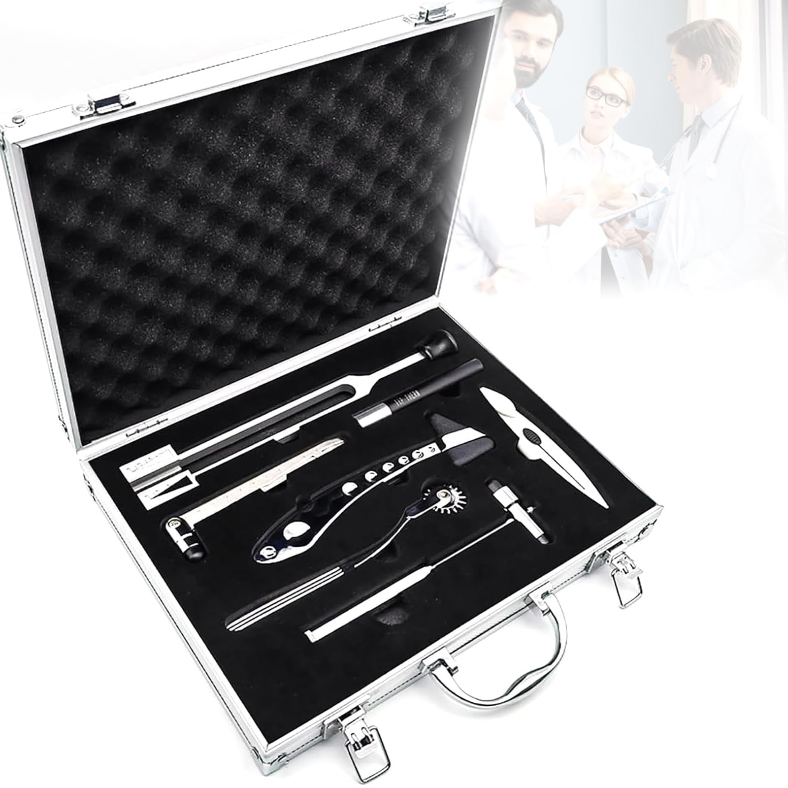 Kit d'examen neurologique 7 pièces, kit de diagnostic avec boîtier en aluminium, poignées ergonomiques pour Pinprick Touch Pression Température Vibration Reflex Test