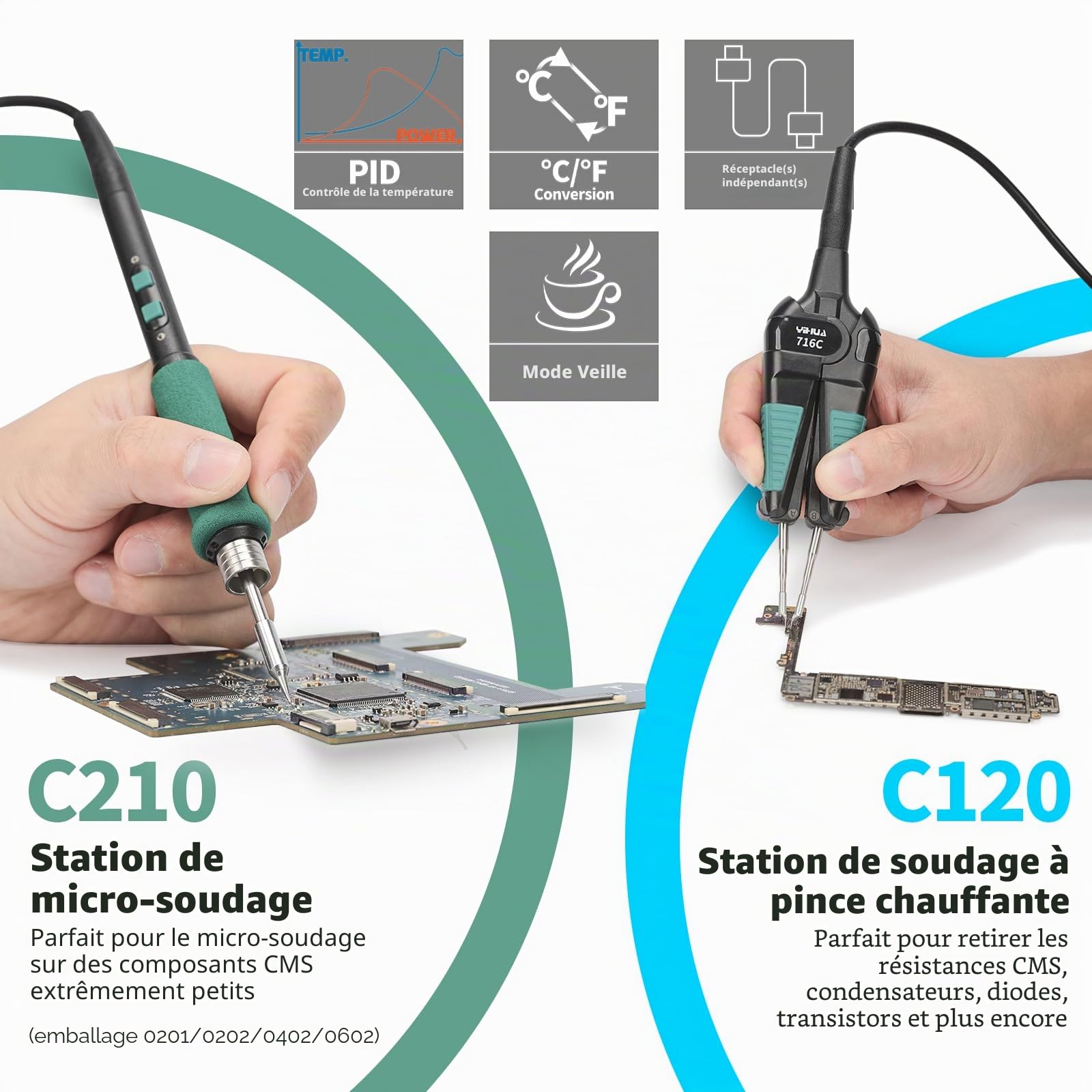 YIHUA 948D-V 5-IN-1 Station de Soudage Micro, Rework à Air Chaud et Dessoudage avec Fer de Microsoudure C210, Fer à Pinces Chauffantes, Dessoudage, Stylo à Air Chaud et Stylo d’Aspiration(EU Plug)