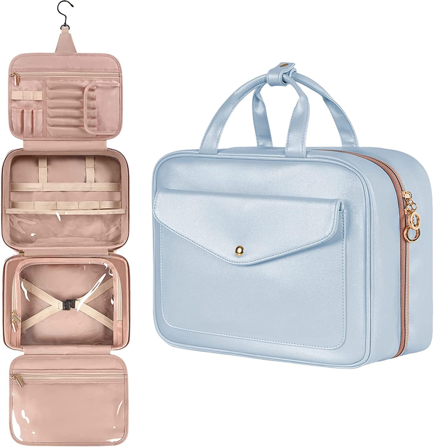 SYOSI Travel Makeup Bag, Hanging Toiletry Bag for Women, Large Waterproof Cosmetic Bag Travel Organizer with Elastic Band Holders for Full Sized Container Accessories Toiletries Cosmetics Brushes Blue