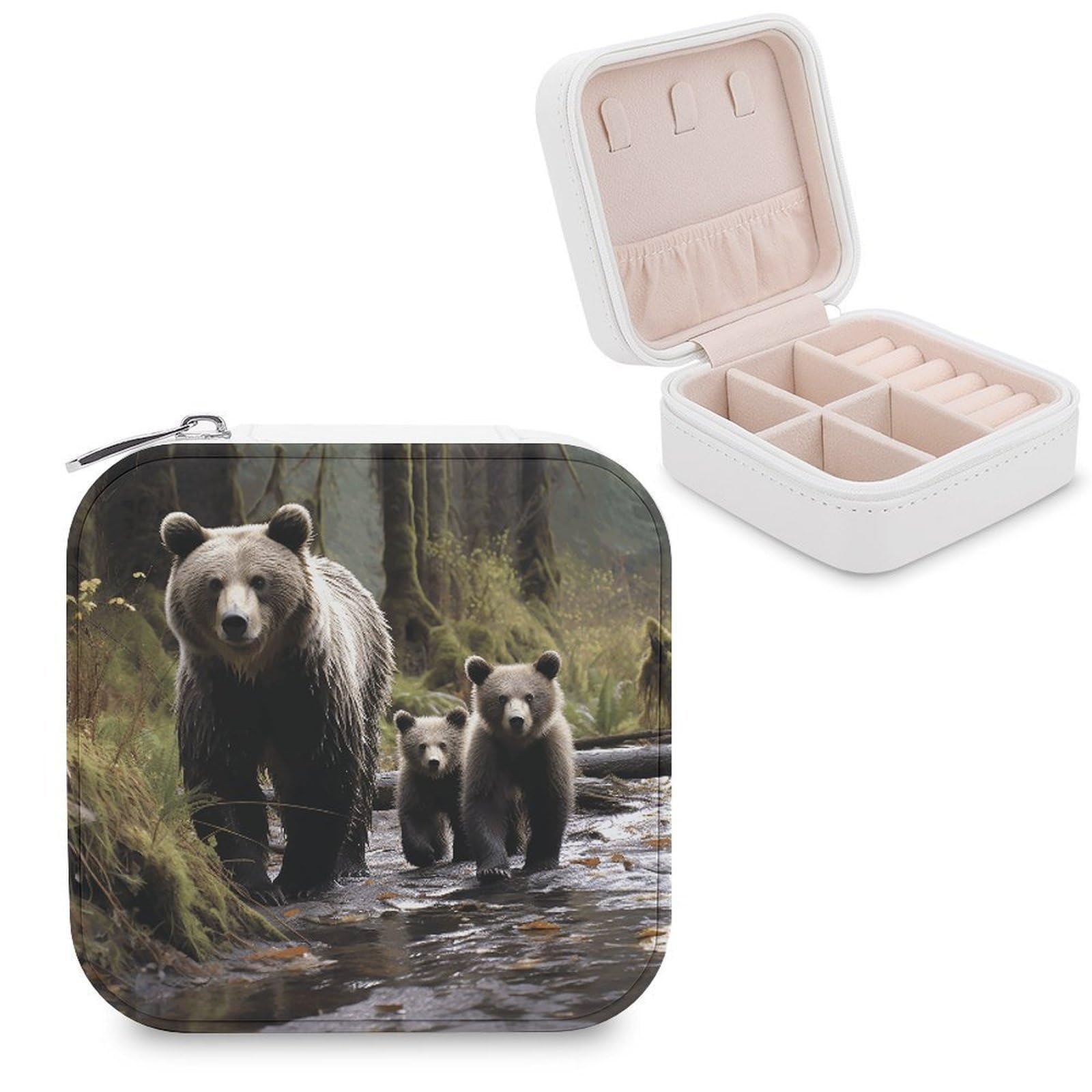 VstaDank Mother Bear And Her Cubs Travel Jewelry Case Small Portable Jewellry Organizer Box PU Leather Organizer Boxes Personalized Jewellery Storage Holder Gift for Womens Rings Earrings