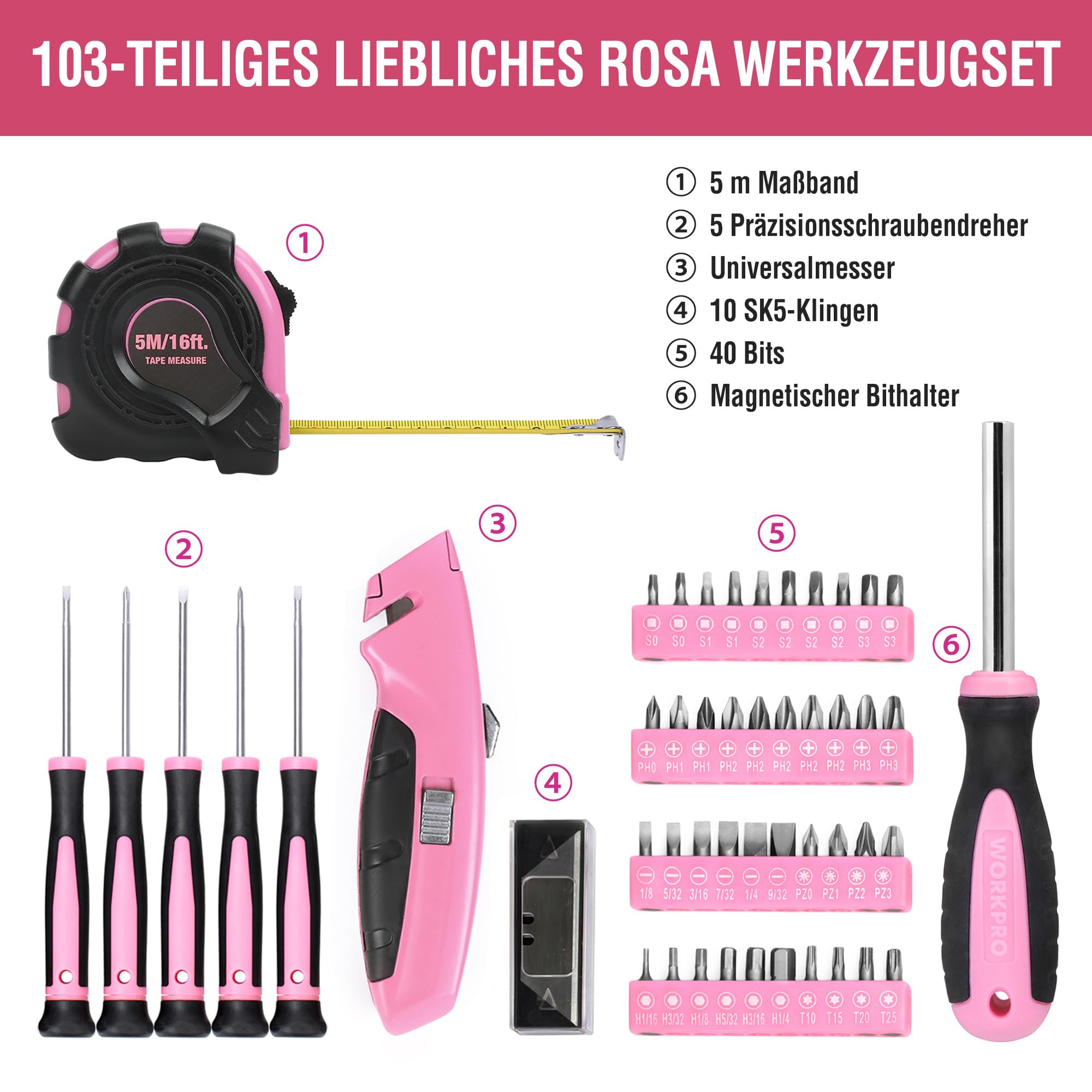 WORKPRO Pink Werkzeug Set Rosa 103 teilig Haushalts-Werkzeugsatz Reparatur mit Tasche, Ideal Geschenk für DIY Handwerker