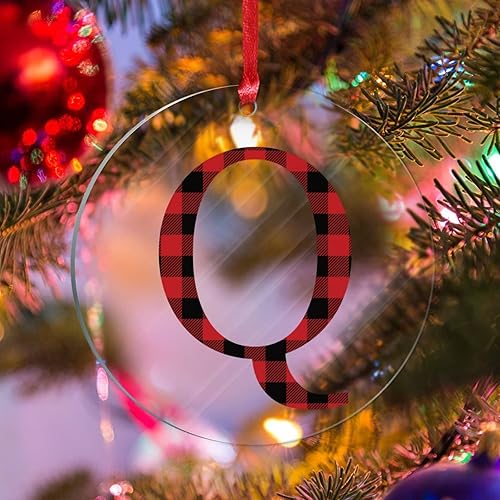 Adorno de Navidad con monograma personalizado de la letra Q de Navidad, a cuadros rojos y negros, decoraciones de árbol de Navidad, adornos