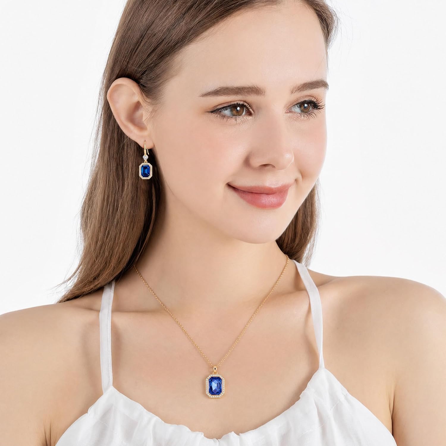 EVEVIC Octagon Austrian Crystal Necklace and Earrings Jewelry Set for Women | 14K Gold-Plated,Octagon-Cut Crystal with CZ Halo Shine,Adjustable Chain Fit,Elegant Sets for Weddings and Galas,Gift Box