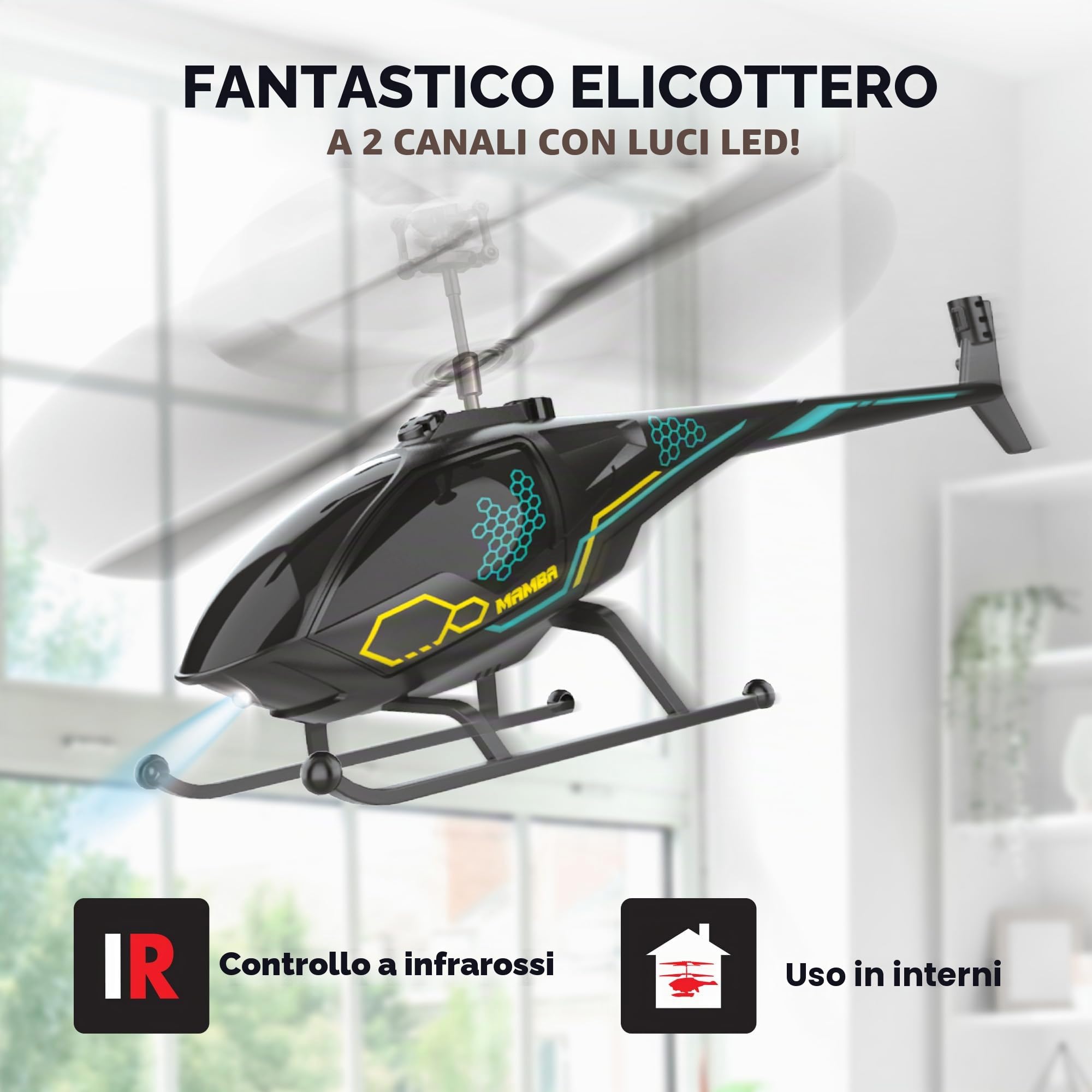Bizak FLYBOTIC Air Mamba, elicottero radiocomandato con 2 canali con luci a LED, giocattolo di facile controllo a infrarossi per principianti, regalo di partenza di 8 anni di età, (62004753)