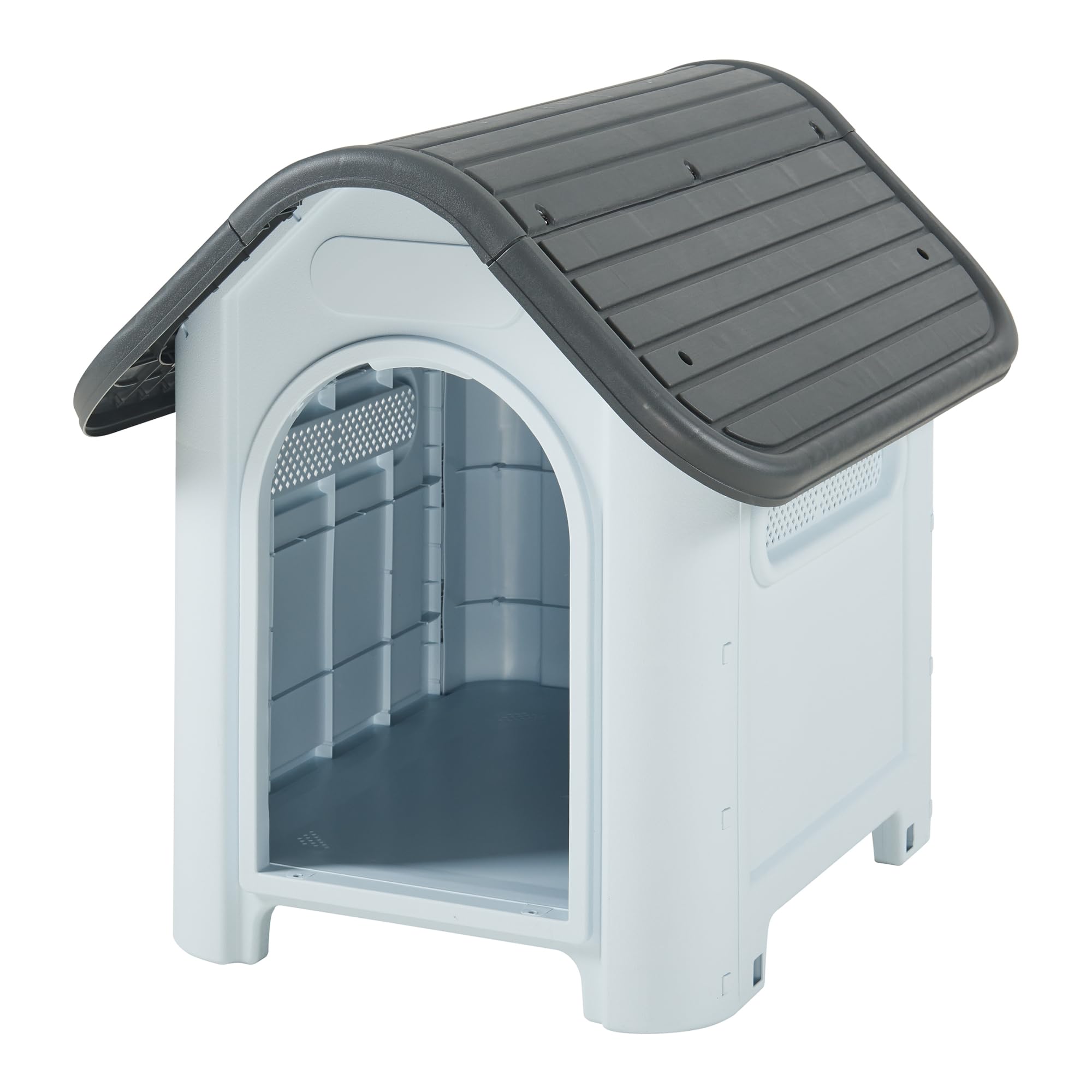 [en.casa] Niche pour Chien Animal de Compagnie Résistant aux Intempéries avec Base Surélevée Abri Extérieur avec Fentes d'Aération Plastique 75 x 59 x 66 cm Blanc Gris