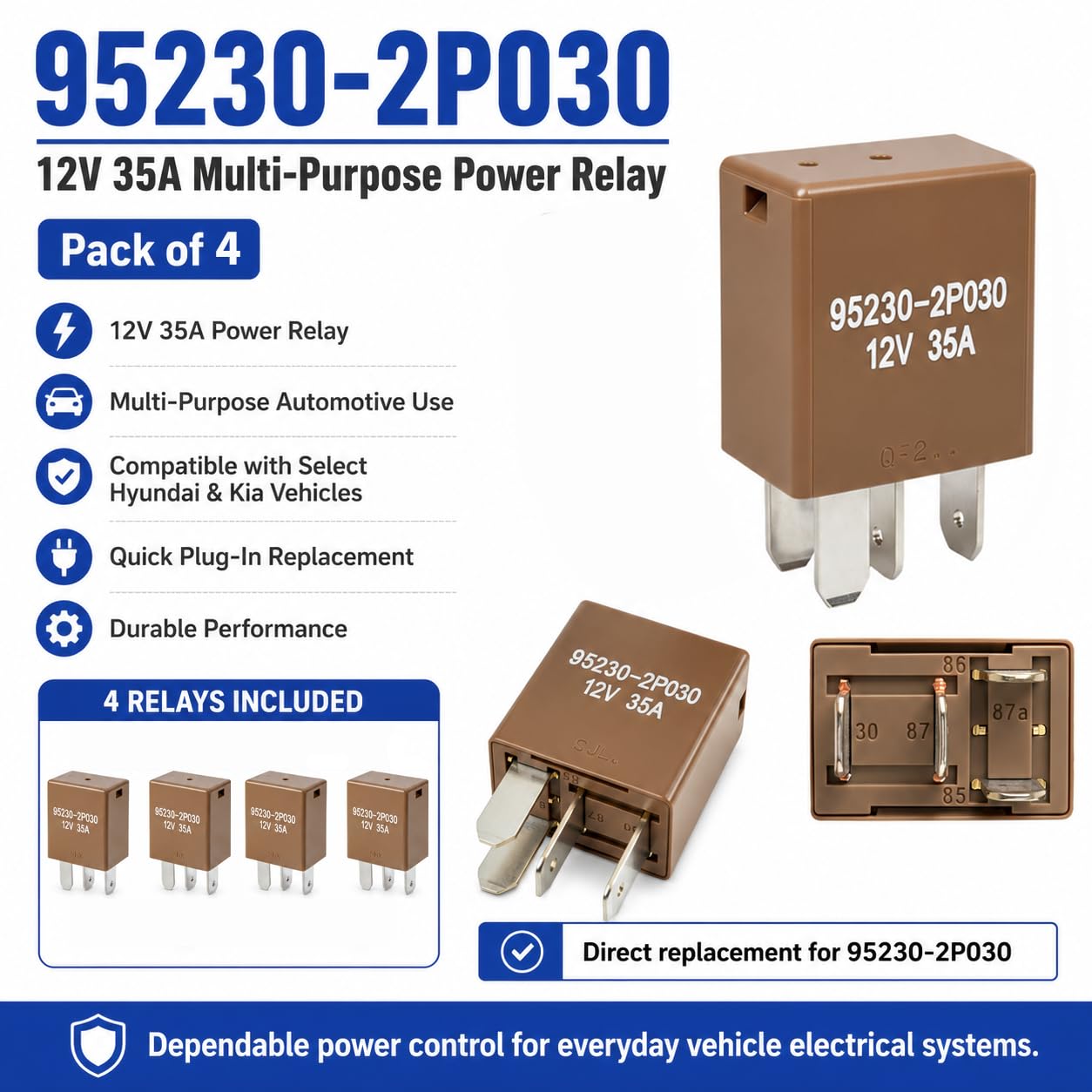 Przekaźnik 95230-2P030 (zestaw 4) - 12V 35A 4-pinowy wielofunkcyjny przekaźnik mocy kompatybilny z pojazdami Hyundai Kia