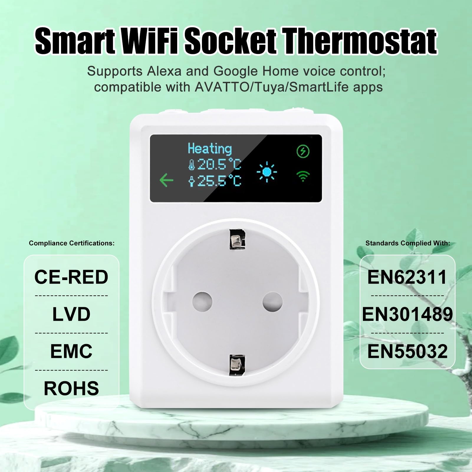 DEWIN Inteligente Enchufe de Termostato con Sonda, 2.4GHz WiFi Controlador de Temperatura de termostato de Enchufe 220V 16A Calefacción y Refrigeración Compatible con Control Remoto y Control por Voz