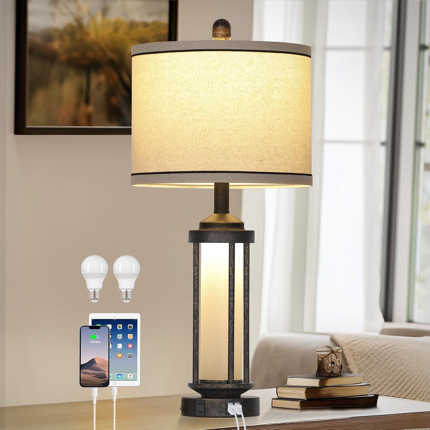 Farmhouse Table Lamp, 27″ Vintage Rustic Retro Beside Lamp with USB A+C Charging Ports & AC Outlet, Industrial Modern Lamp with Glass LED Night