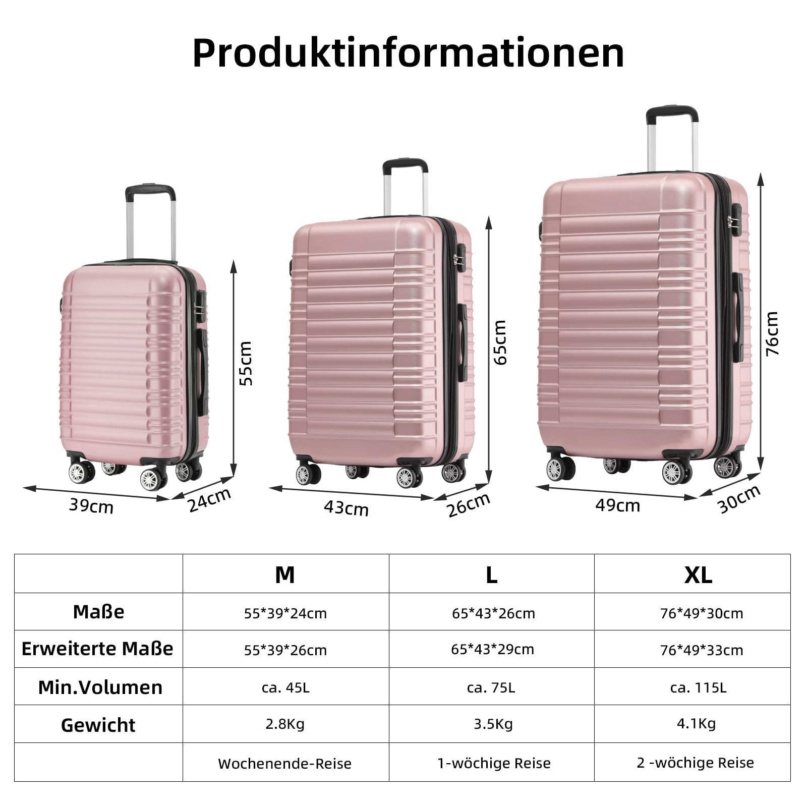 BEIBYE Reisekoffer 2088 Hartschalekoffer Gepäck Koffer Trolley Bordcase Handgepäck M in 14 Farben (Rosagold)