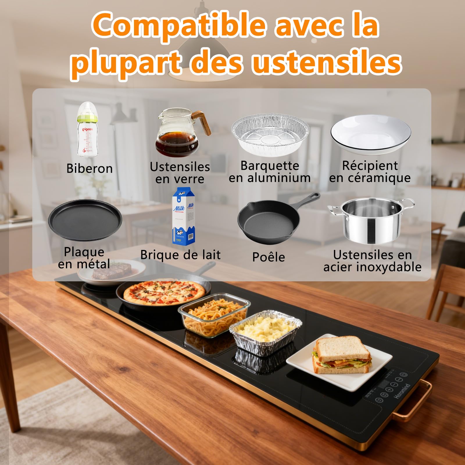 Plateau de Chauffage 100x35 cm Plaque Chauffante Grande 450W Réglage Précise Multi-niveaux Pour Grands Buffets et Collectivités