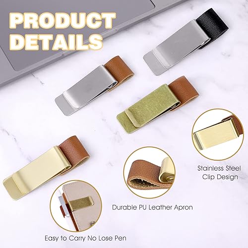 Miniatura 2 de TIESOME Soporte retro de piel sintética para bolígrafo, 4 piezas con clips para diario, planificador, portapapeles, bolsillo de oficina, se adapta a