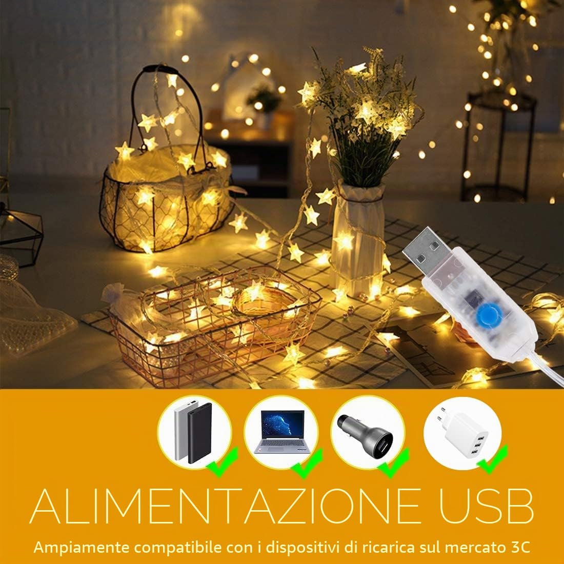 stelle ghirlande, 10M 80 luci a LED stelle ghirlande stelle 8 modalità LED stelle ghirlande luci per la festa di Natale Halloween casa decorazione camera da letto bianco caldo
