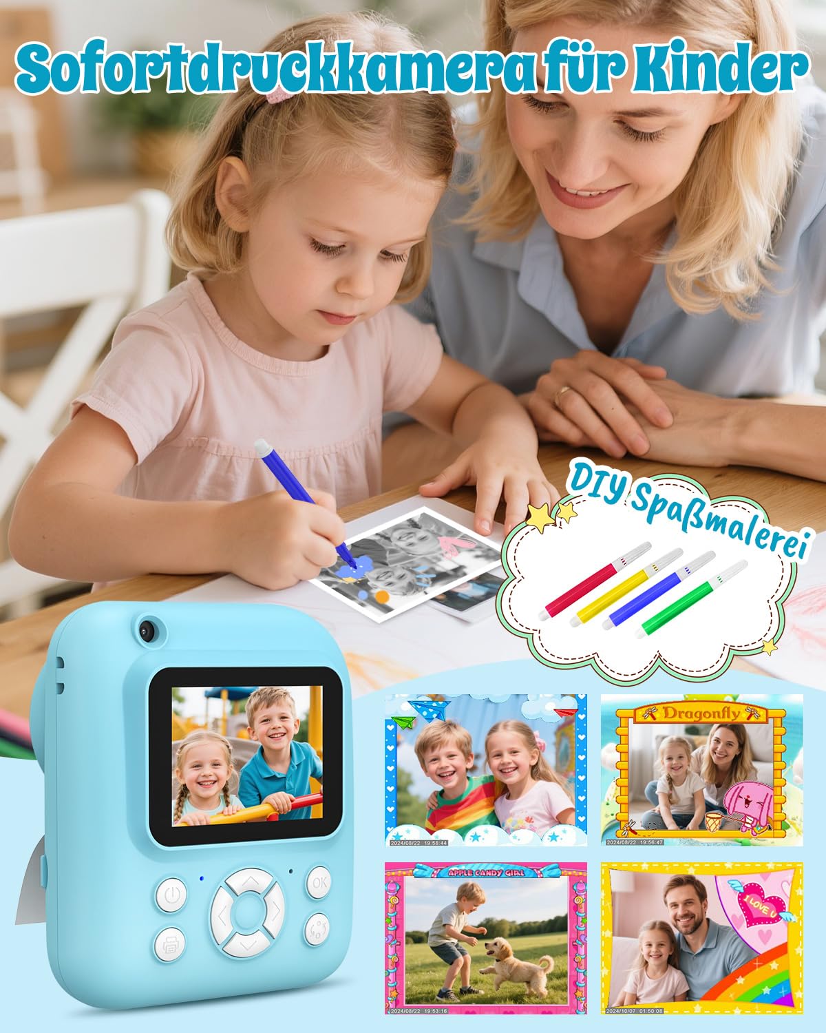 Sofortbildkamera Kinder 2.5K mit 32GB Karte & Druckerpapier, Vorder- und Rückkamera, Geschenk für Jungen Mädchen 3-12 Jahre (Blau)