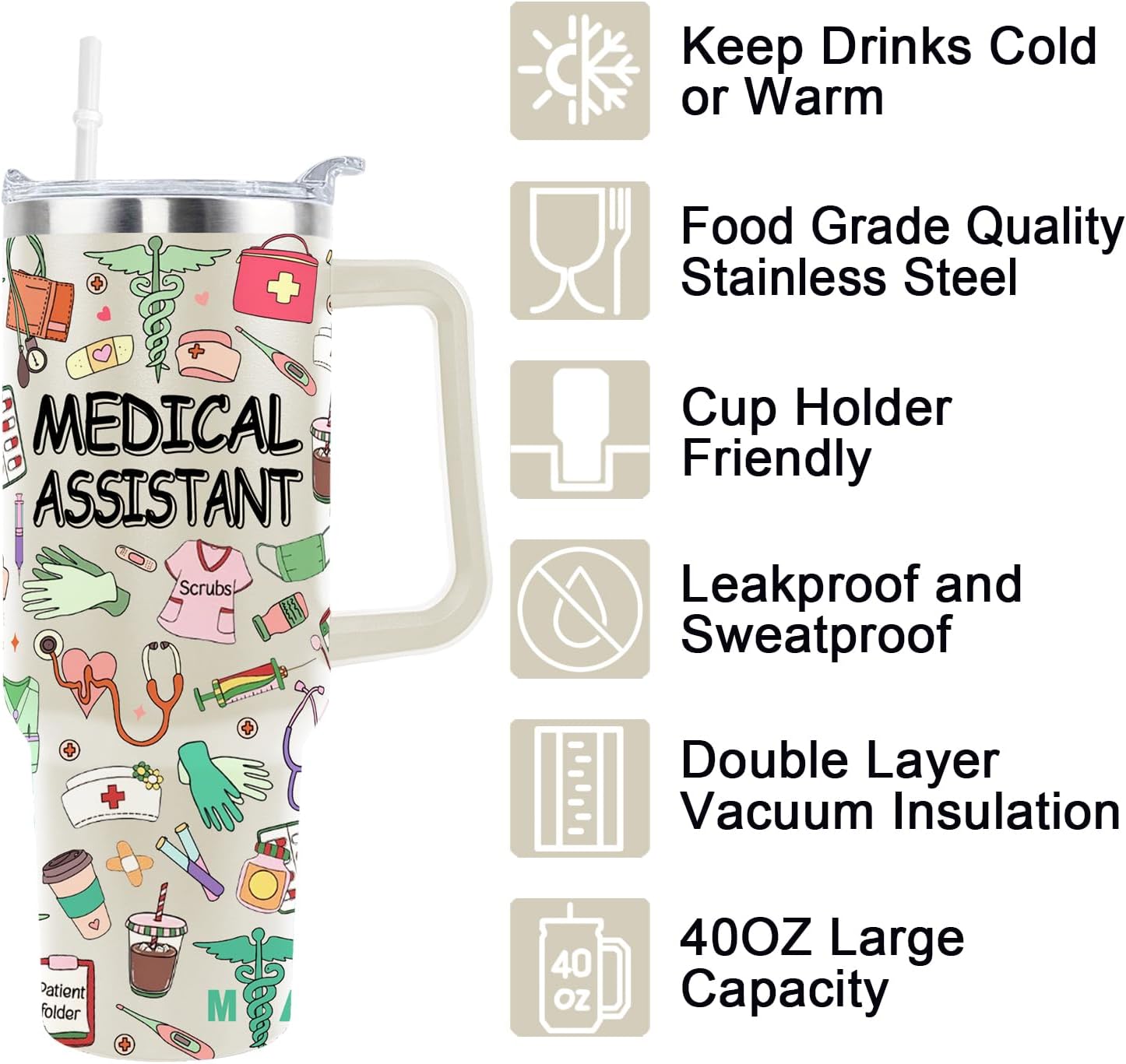 40 Oz Medical Assistant Tumbler Medical Assistant Gifts Stainless Steel Insulated Medical Assistant Travel Cup with Handle CMA Medical Assistant Week Gifts for Women Men - Image 4