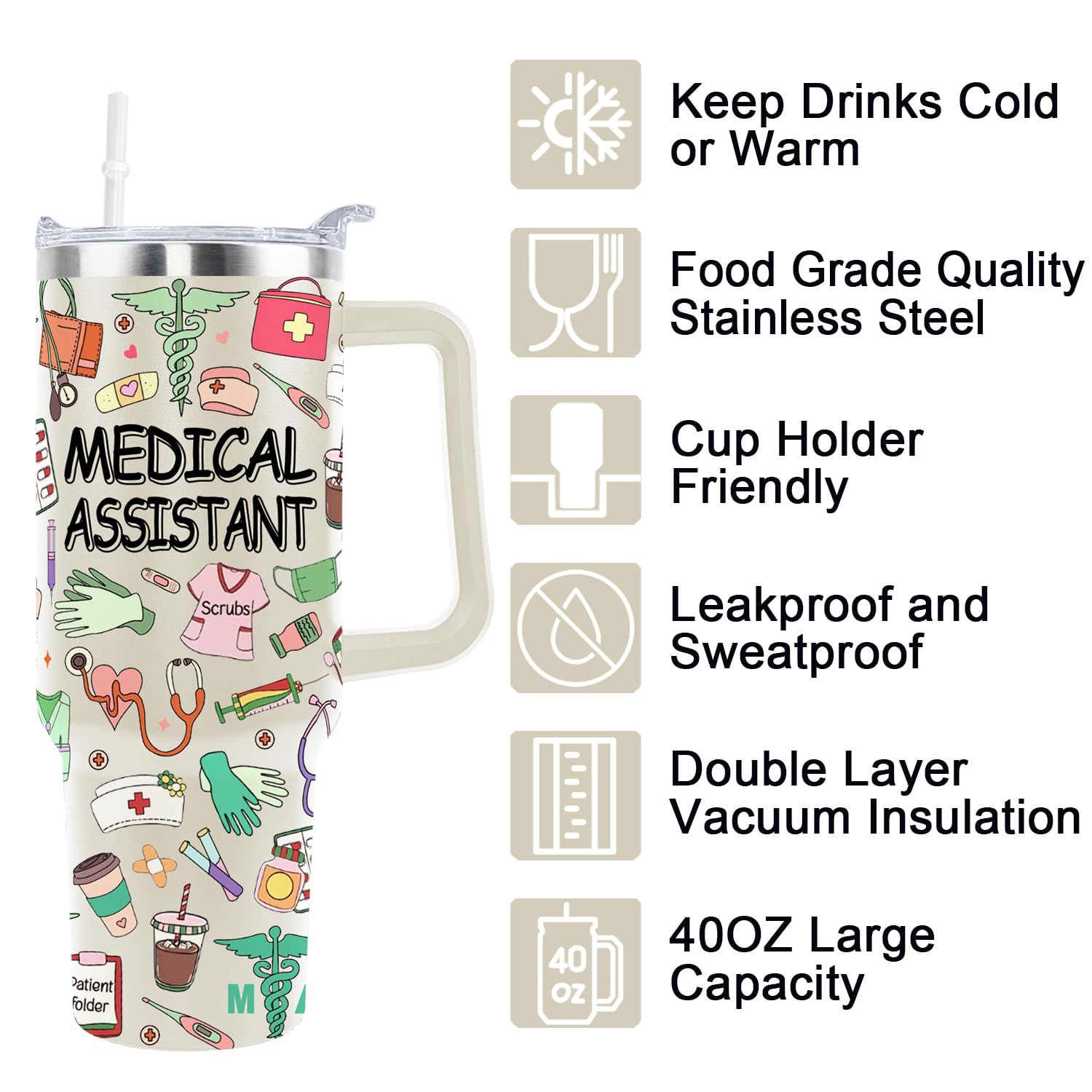 40 Oz Medical Assistant Tumbler Medical Assistant Gifts Stainless Steel Insulated Medical Assistant Travel Cup with Handle CMA Medical Assistant Week Gifts for Women Men
