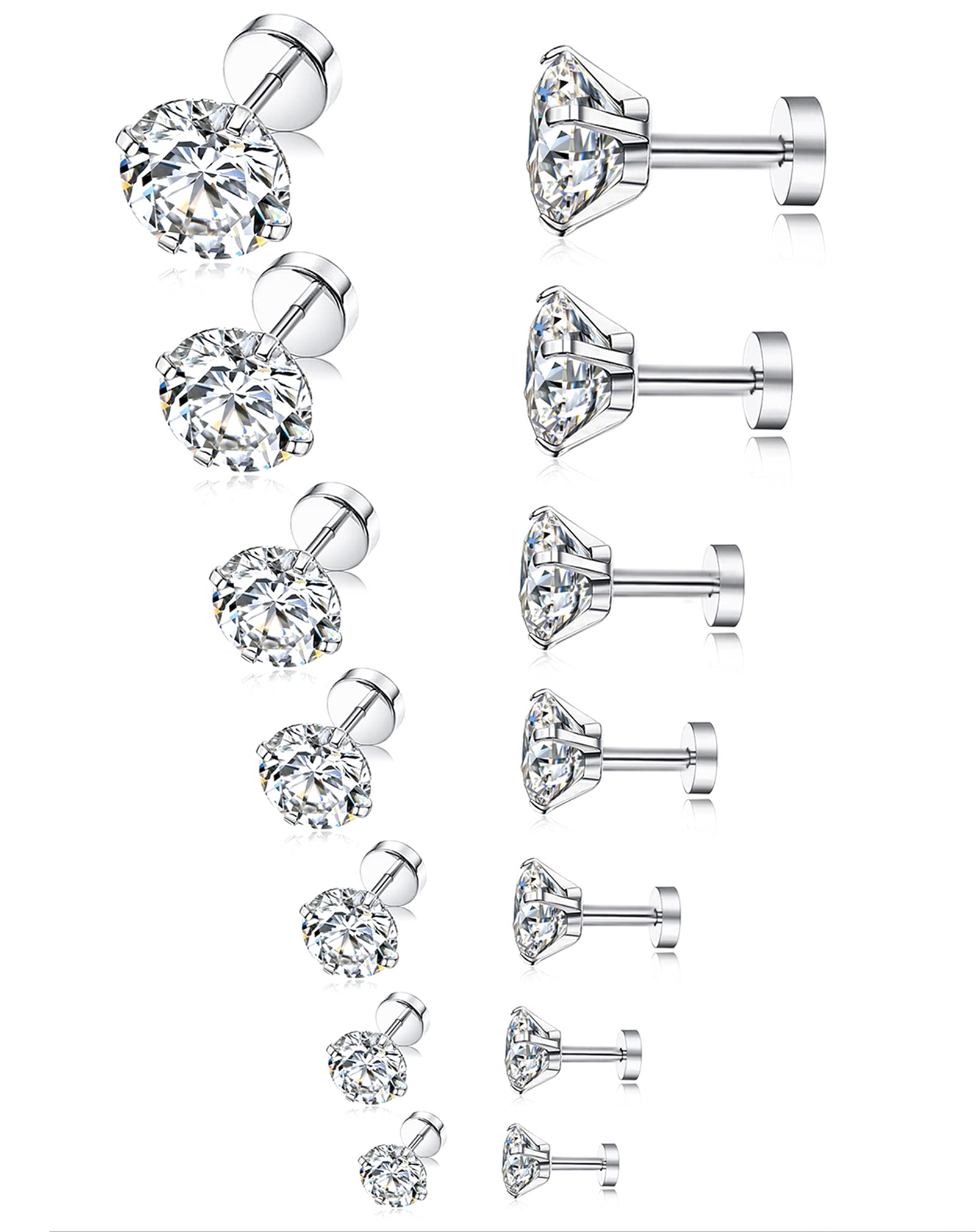 Tornito 7 Pairs 18G 20G Stainless Steel Stud Earrings Round Cubic Zirconia Barbell Earring Set For Men Women 2MM-8MM Silver Tone