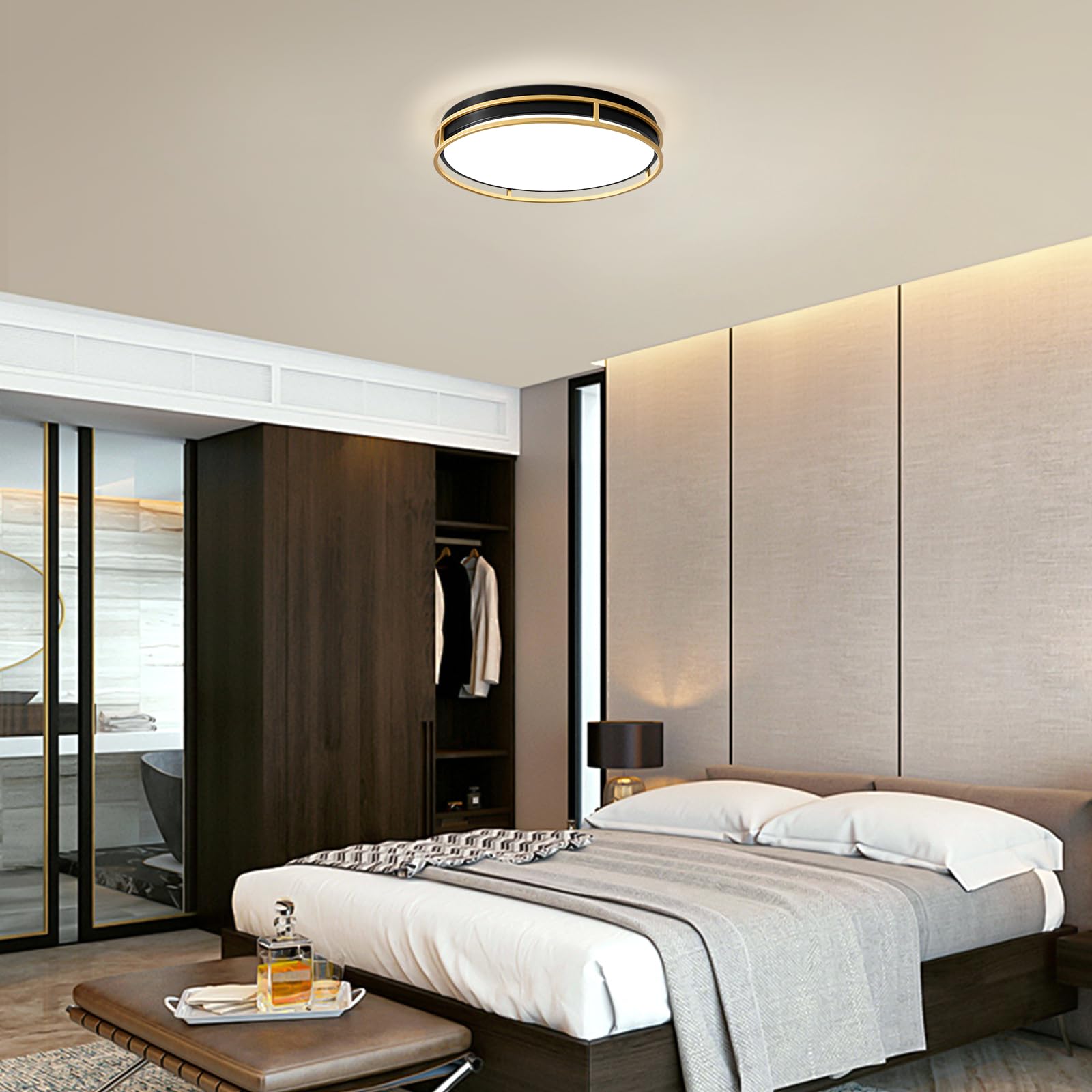 Plafonnier LED,Luminaire Plafonnier Métal Noir et Doré,40CM lampe plafond Rond pour Chambre, Salon, Cuisine, Couloir, Salle à manger 36W 4000K