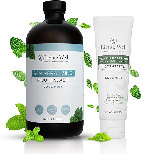 Paquete de cuidado bucal remineralizante - Pasta de dientes de menta + enjuague bucal de menta sin alcohol Hidroxiapatita y plata coloidal Sin