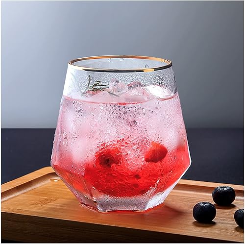 Miniatura 5 de Juego de 2 copas de vino de diamante, modernas copas de vidrio sin tallo con borde dorado, cristalería para servir fiestas, hogar, bar, restaurantes