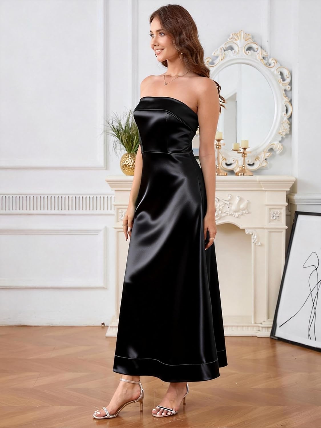 MAKABO Satin Strapless Tube Dress Elegant Formal Maxi Backless Dress with Pockets for Wedding Guest Cocktail - Image 3