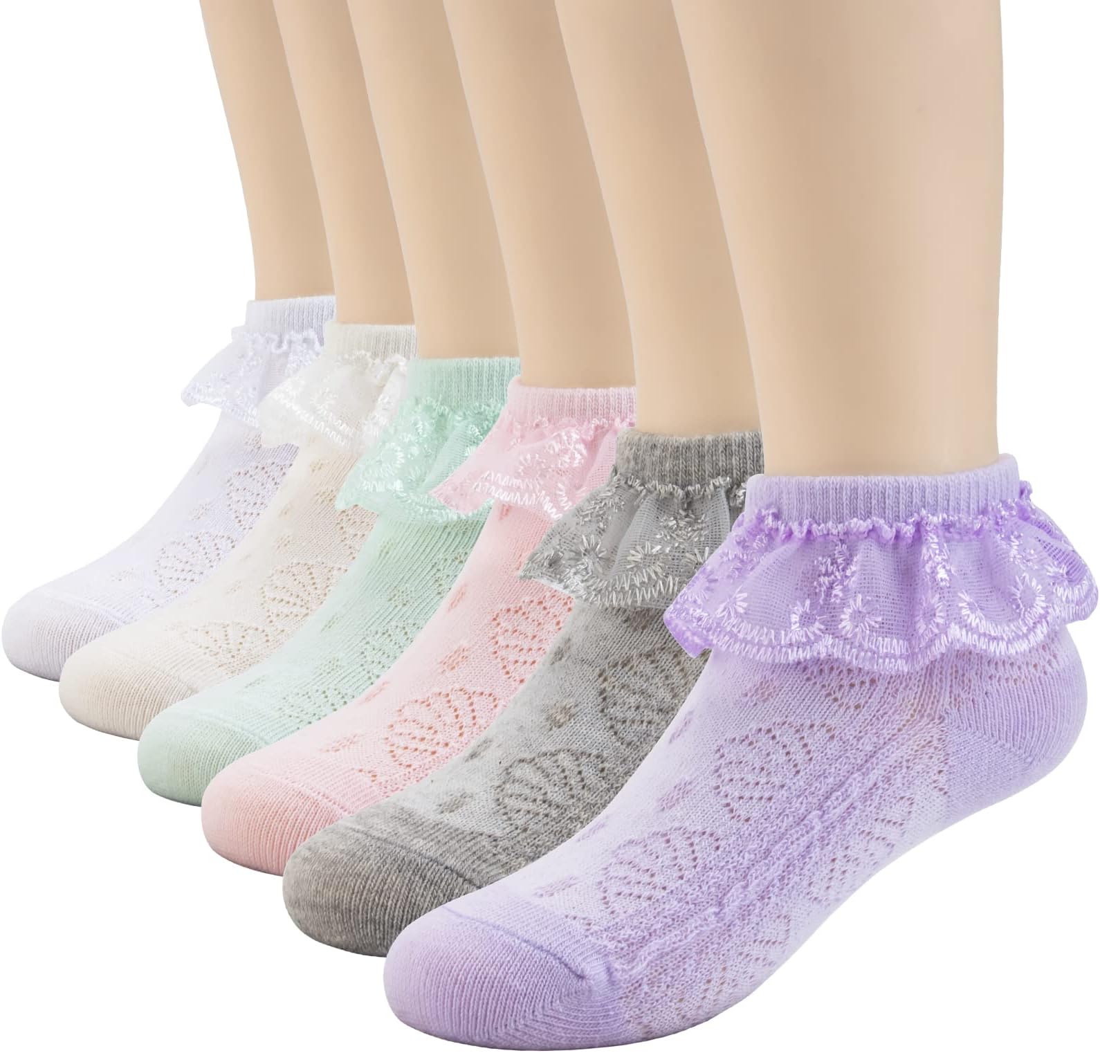 Pack of 6 Baby Toddler Girls Eyelet Ruffles Lace Frilly Socks Newborn Infant Cotton Princess Dress Ankle Socks(0-4T)